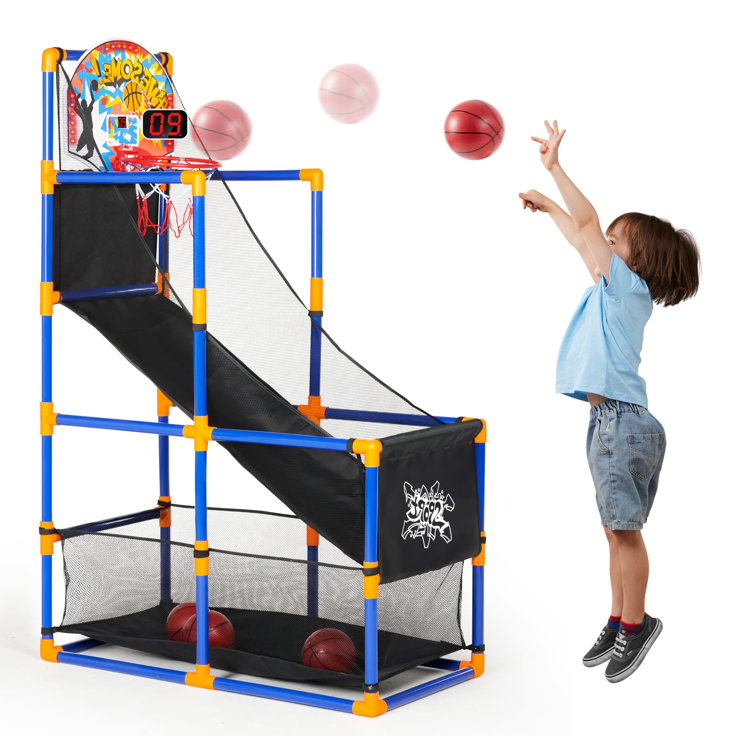 JOYIN Arcade Basketball Game Set with 4 Balls and Hoop for Kids 3+ Years Old Indoor Outdoor Sport Play - Easy Set Up - Air Pump Included - Ideal for Competition