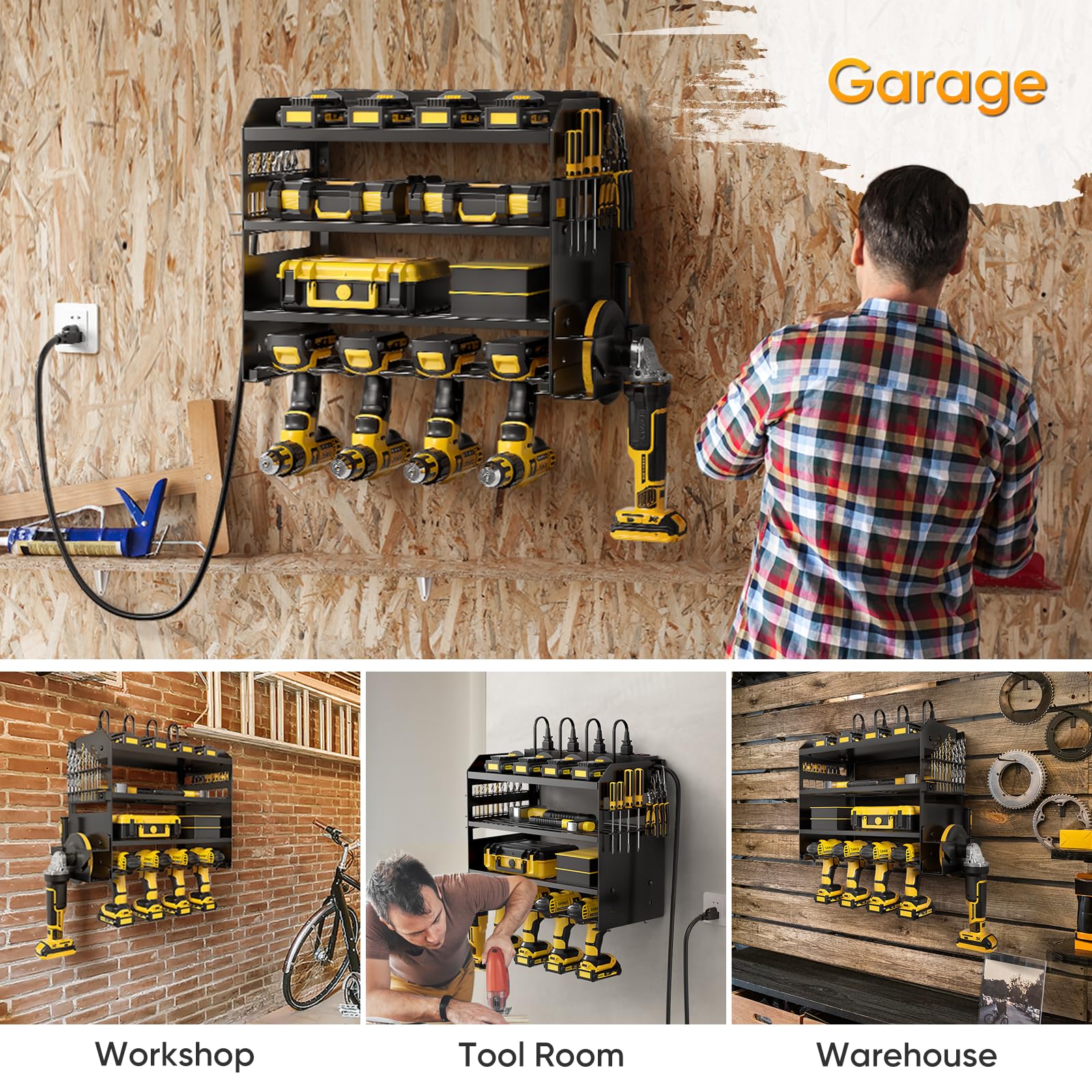 POKIPO Large Power Tool Organizer Wall Mount with Charging Station,4 Layer Heavy Duty Metal Tool Storage Rack Loads 600lbs with 8 Cordless Drill Holder,Battery Utility Rack Loads with 4 Power Strip