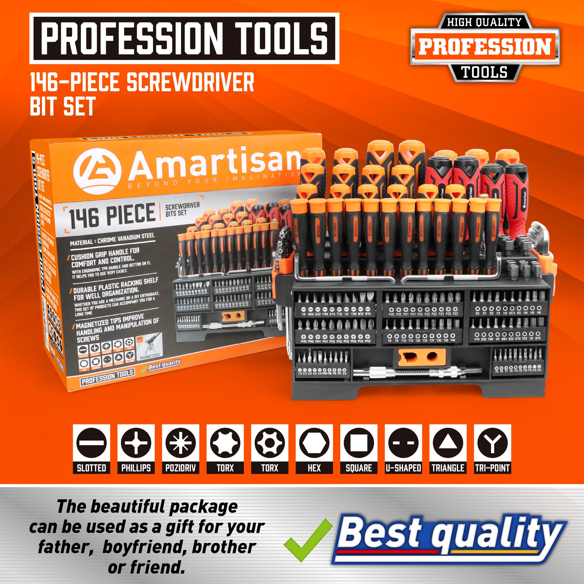 Amartisan 10-Piece Magnetic Screwdrivers Set, 5 Phillips and 5 Slotted Tips Professional Cushion Grip Screwdriver Set 2pcs Portable Multifunction Key Mini Screwdriver (Yellow)