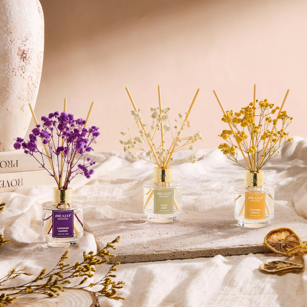 Airkeep Reed Diffuser Set of 3,Clean Linen Ocean Mist&Sea Salt Lavender Eucalyptus Oil Reed Diffusers for Bedroom Living Room Office Aromatherapy Oil Reed Diffuser for Gift 50ml x 3