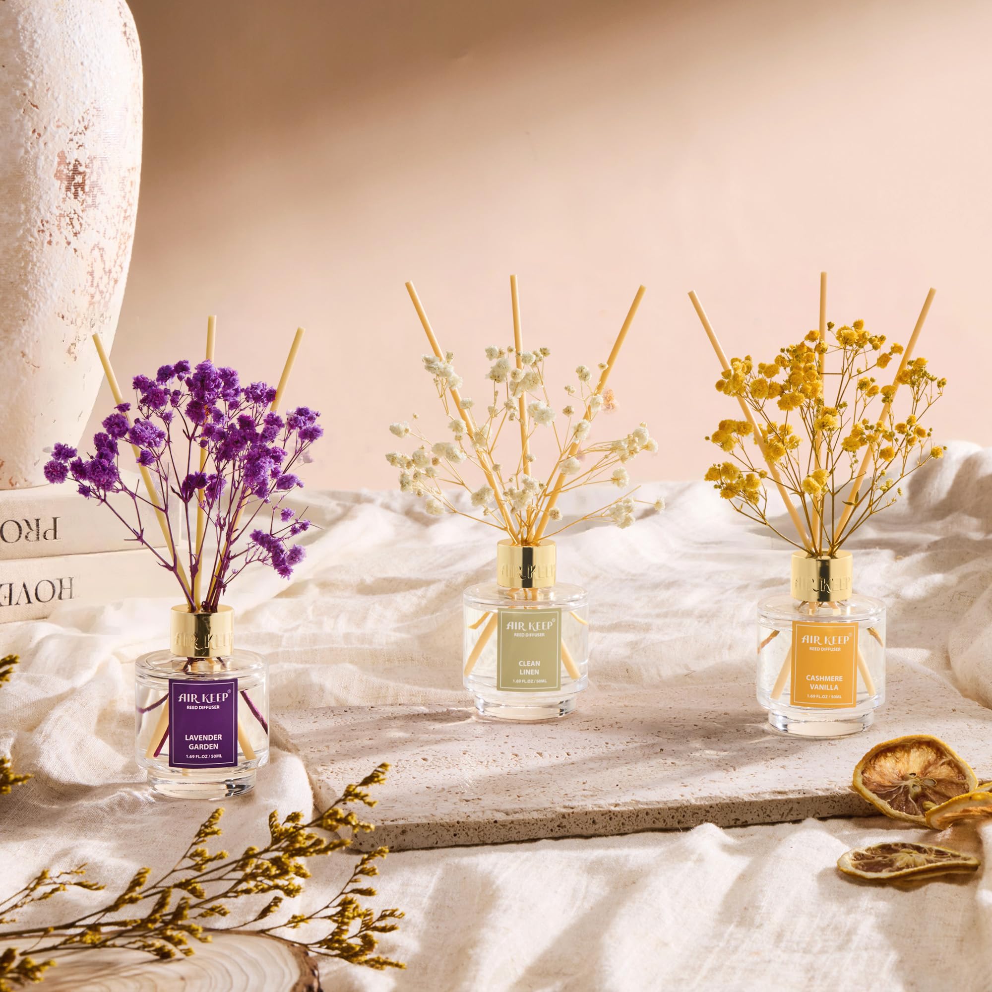 Airkeep Reed Diffuser Set of 3,Clean Linen Ocean Mist&Sea Salt Lavender Eucalyptus Oil Reed Diffusers for Bedroom Living Room Office Aromatherapy Oil Reed Diffuser for Gift 50ml x 3