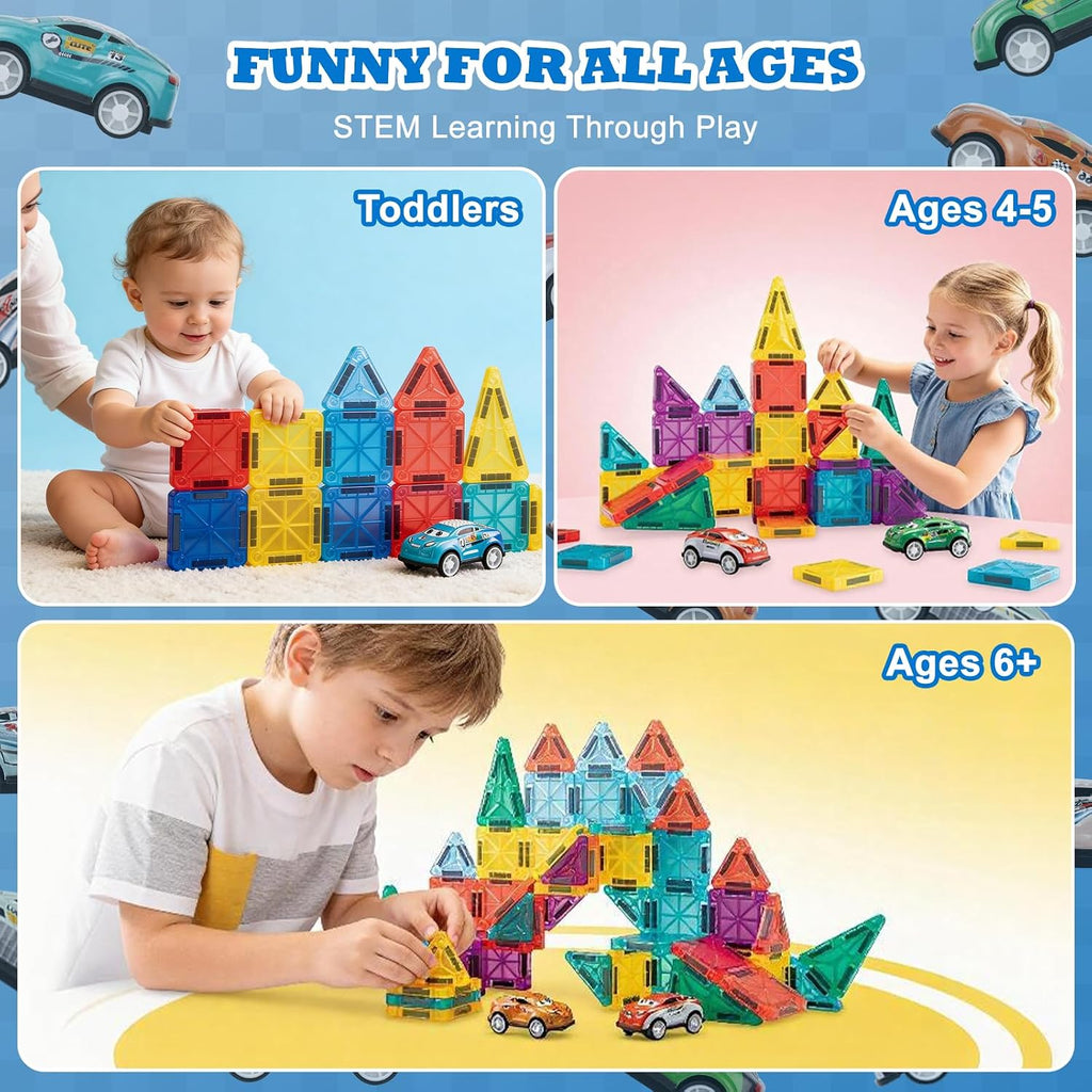 Mini Magnetic Tiles 93PCS Set with 12 Cars and Storage Bag for Kids 3-6