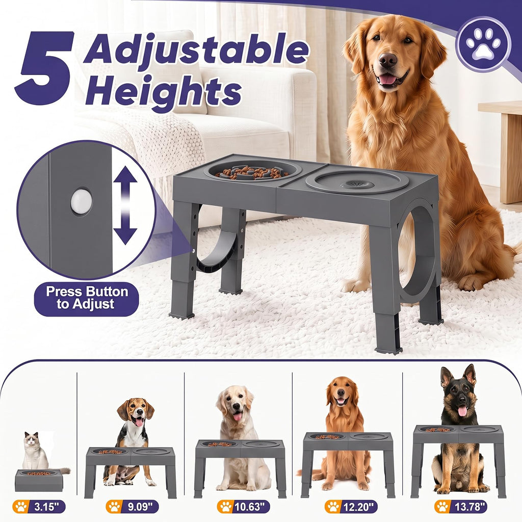 XIAZ Elevated Dog Bowls Large Breed Raised Dogs Bowl Stand Large/Medium Sized Dog Stainless Steel Food Water Bowl Stands 5 Heights Adjustable 9/11/12/14in Black Pet Feeder Dish Station