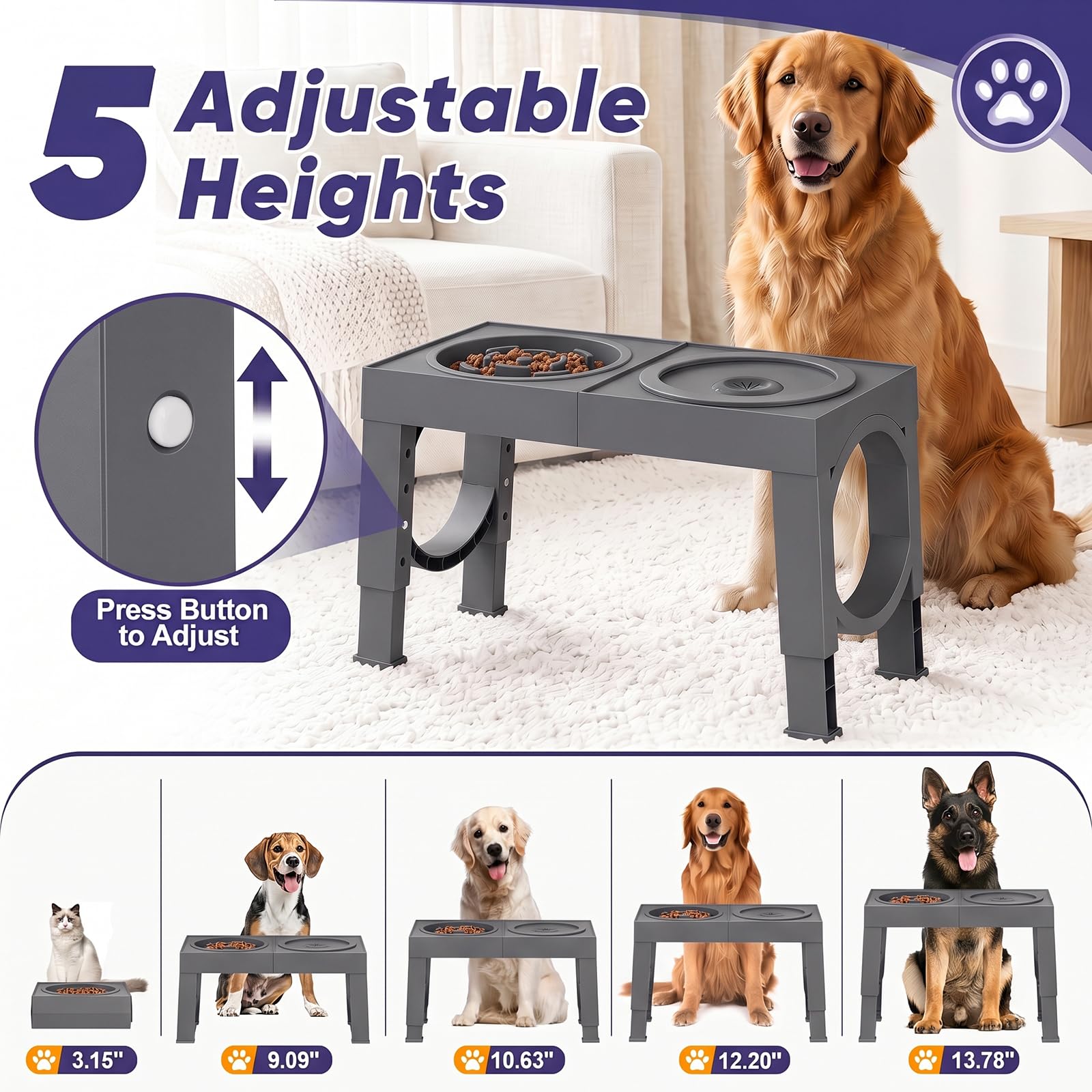 XIAZ Elevated Dog Bowls Large Breed Raised Dogs Bowl Stand Large/Medium Sized Dog Stainless Steel Food Water Bowl Stands 5 Heights Adjustable 9/11/12/14in Black Pet Feeder Dish Station
