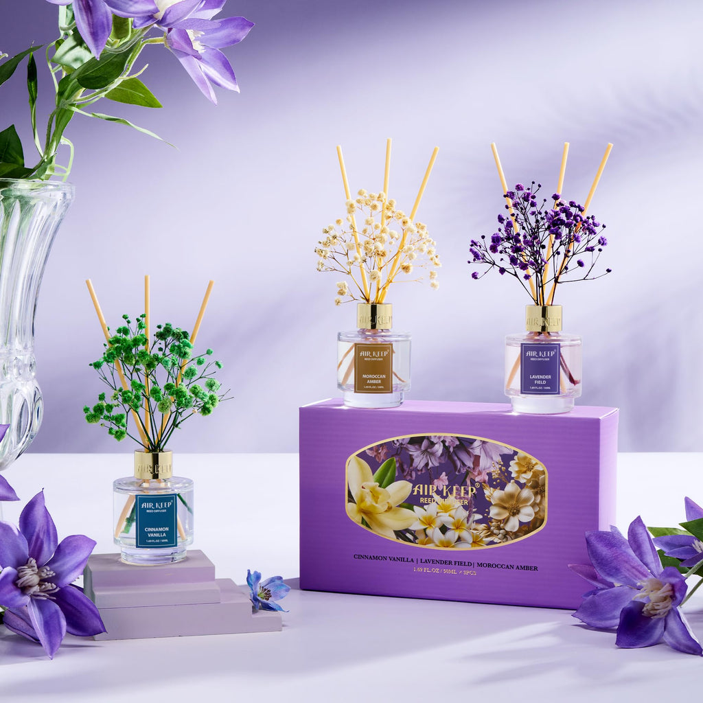 Airkeep Reed Diffuser Set of 3,Clean Linen Ocean Mist&Sea Salt Lavender Eucalyptus Oil Reed Diffusers for Bedroom Living Room Office Aromatherapy Oil Reed Diffuser for Gift 50ml x 3