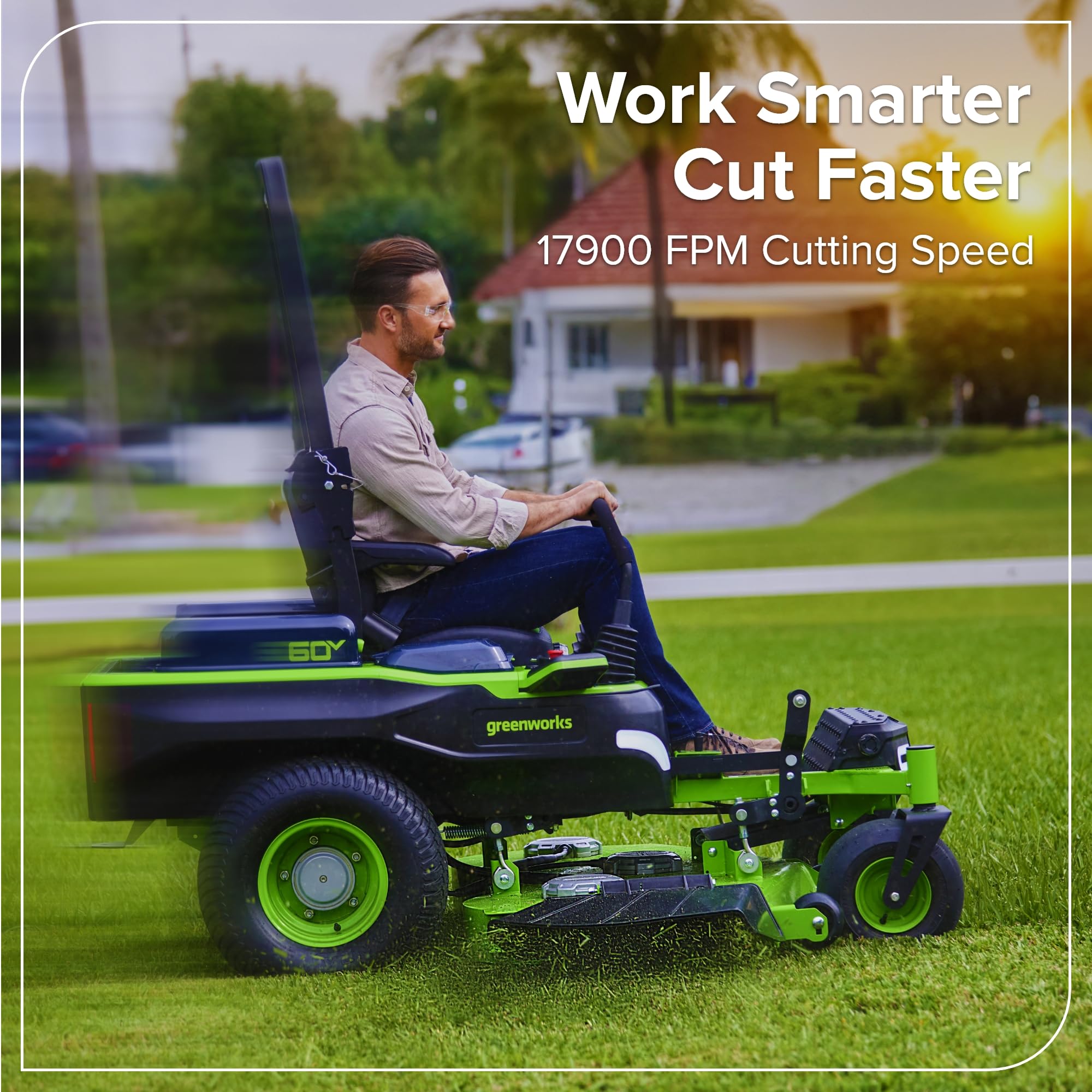 Greenworks 60V 30' Riding Lawn Mower (1.25 Acre, 16 HP Gas Equivalent, 6 MPH, Tow Up to 200 lbs.), (4) 8.0Ah Batteries (1,920 Wh Max) + Turbo Wall Charger