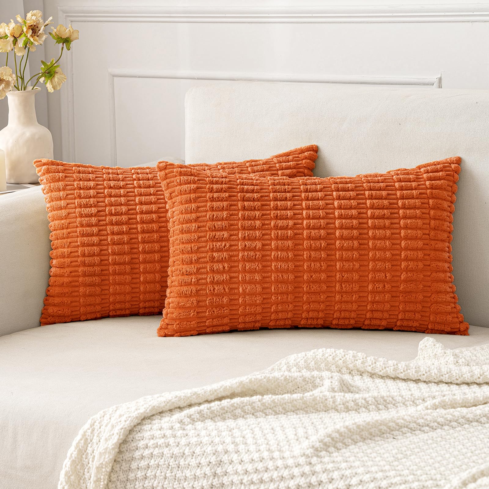 MIULEE Corduroy Decorative Throw Pillow Covers 18x18 Cream White Pack of 2