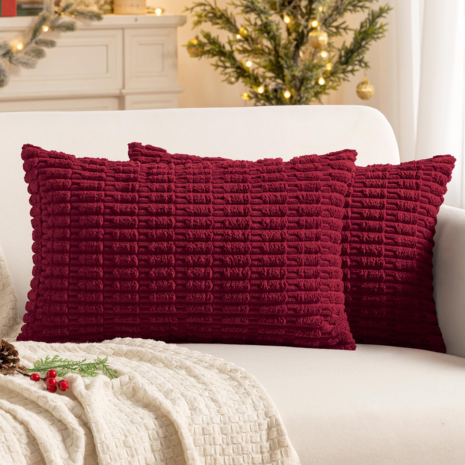 MIULEE Corduroy Decorative Throw Pillow Covers 18x18 Cream White Pack of 2