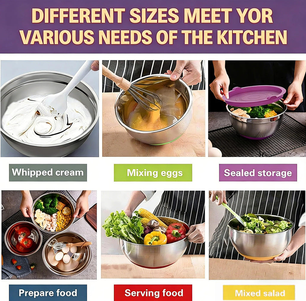 Mixing Bowls with Airtight Lids Set, 26PCS Stainless Steel Khaki Bowls with Grater Attachments, Non-Slip Bottoms & Kitchen Gadgets Set, Size 7, 4, 2.5, 2.0,1.5, 1QT, Great for Mixing & Serving