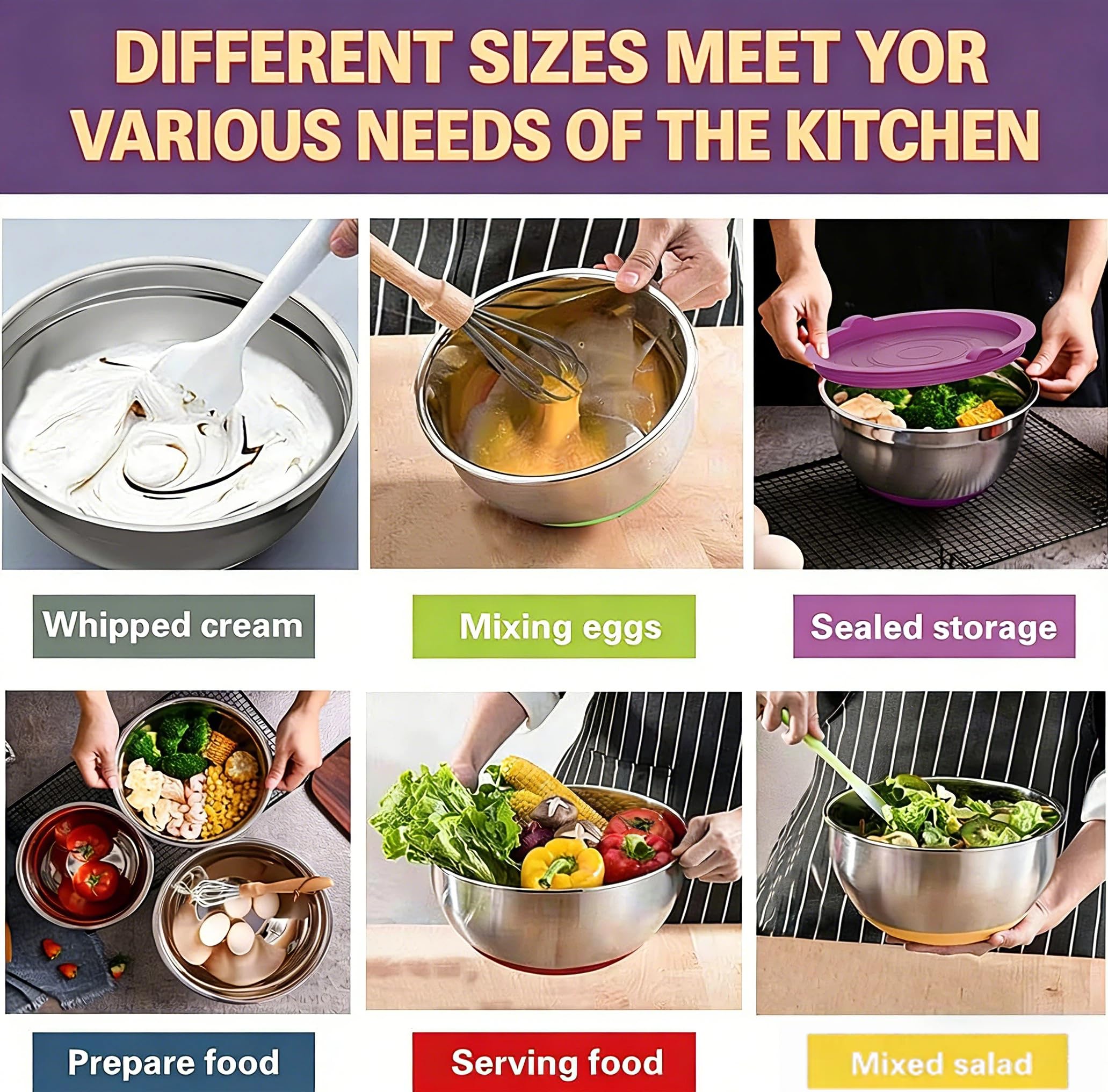 Mixing Bowls with Airtight Lids Set, 26PCS Stainless Steel Khaki Bowls with Grater Attachments, Non-Slip Bottoms & Kitchen Gadgets Set, Size 7, 4, 2.5, 2.0,1.5, 1QT, Great for Mixing & Serving