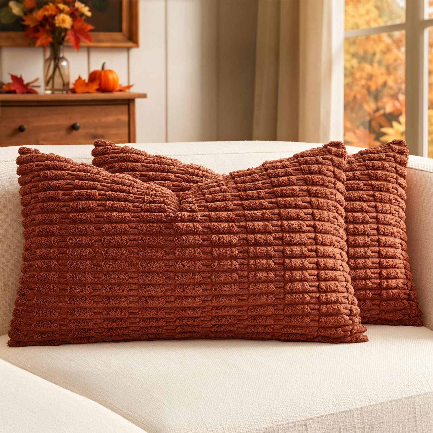 MIULEE Corduroy Decorative Throw Pillow Covers 18x18 Cream White Pack of 2