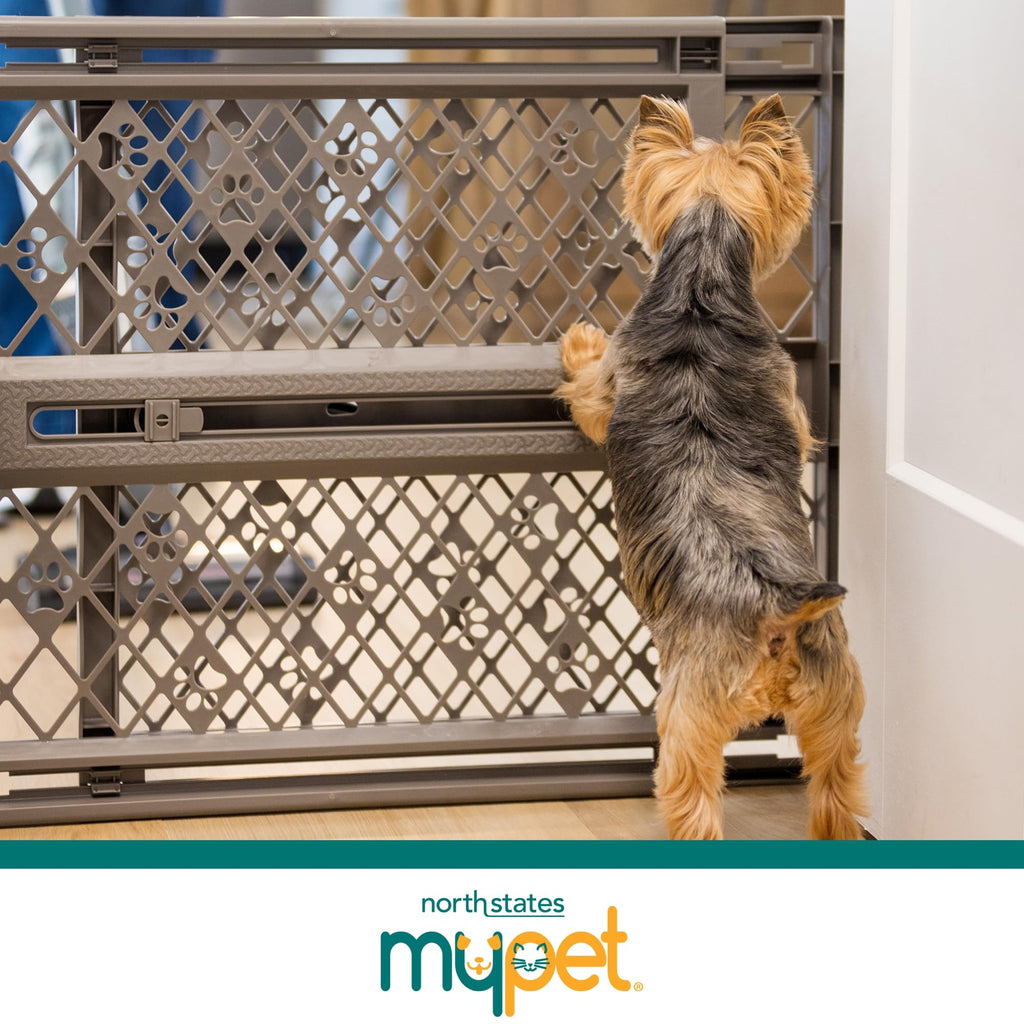 MYPET North States Paws Portable Pet Gate: 26-40" Wide. Pressure Mount. No Tools Needed. Made in USA. Dog Gate 23" Tall, Expandable, Durable Dog Gates for Doorways, Light Gray