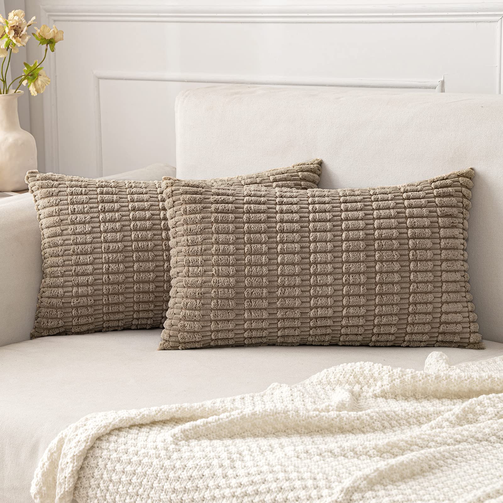 MIULEE Corduroy Decorative Throw Pillow Covers 18x18 Cream White Pack of 2