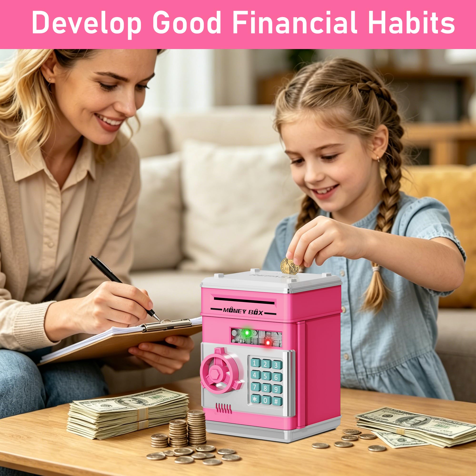 Refasy Piggy Bank Cash Coin Can ATM Bank Electronic Coin Money Bank for Kids Age 3-12, Money Savings Box Mini ATM Coin Bank Toys Gifts for 3 4 5 6 7 8 9 10 11 12 Year Old Boys Girls