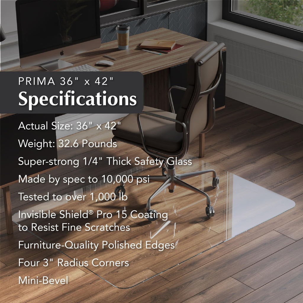Vitrazza Glass Chair Mat 46” x 60” Superior ¼ Thick, Chiaro Standard Clear, Certified Tempered Safety Glass, Delivers a Smooth Glide, Protects Carpet or Wood, Beautiful in Home or Office.