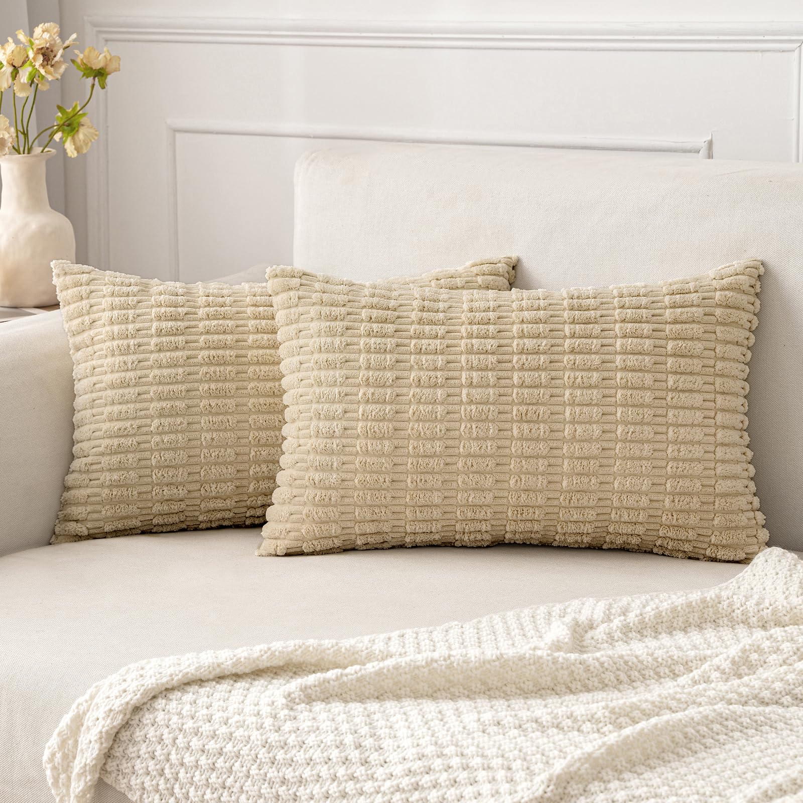 MIULEE Corduroy Decorative Throw Pillow Covers 18x18 Cream White Pack of 2