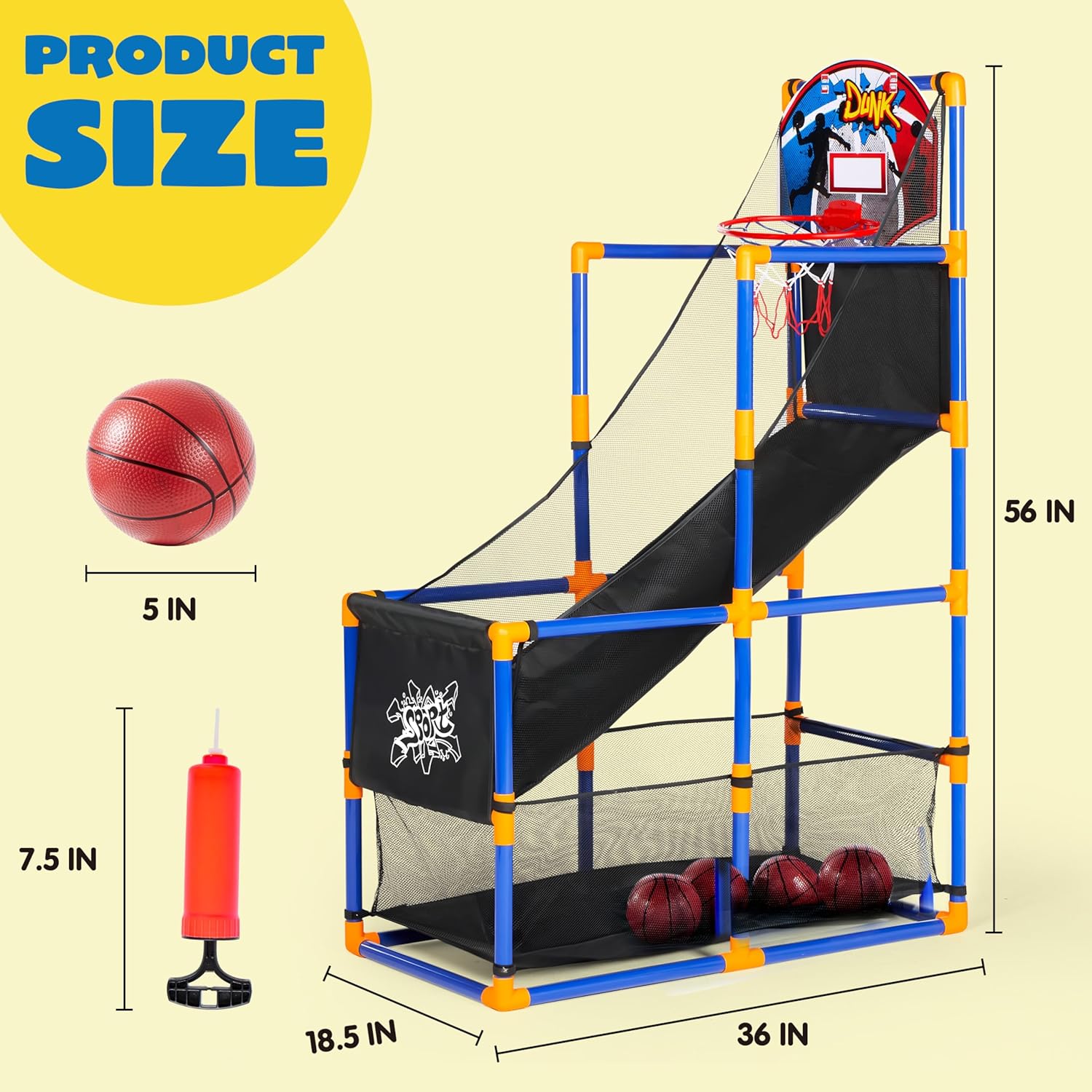 JOYIN Arcade Basketball Game Set with 4 Balls and Hoop for Kids 3+ Years Old Indoor Outdoor Sport Play - Easy Set Up - Air Pump Included - Ideal for Competition