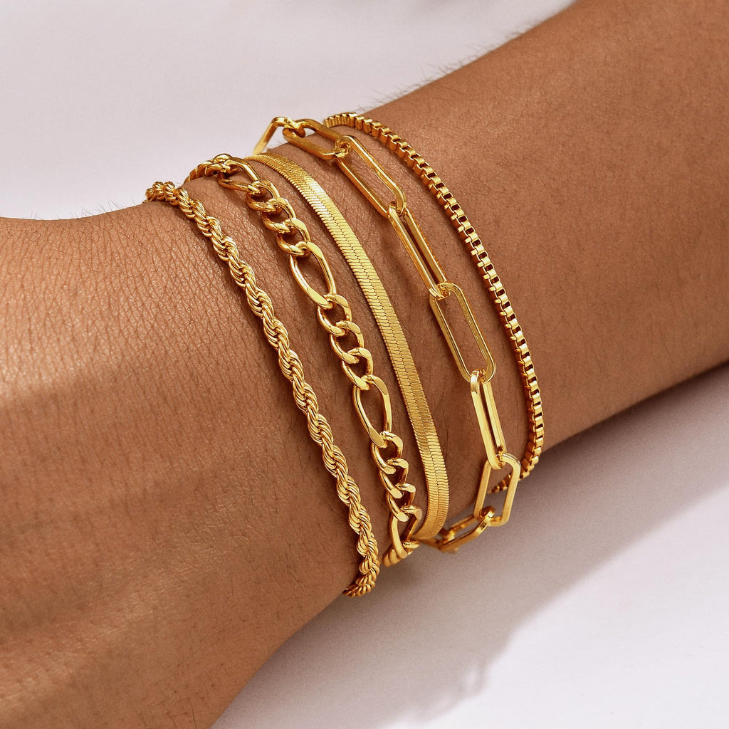 Gold Bracelets for Women, 14K Gold Plated Stackable Bracelet Stack Set Adjustable Charm Paperclip Chain Snake Link Layered Waterproof Jewelry Sets Gifts