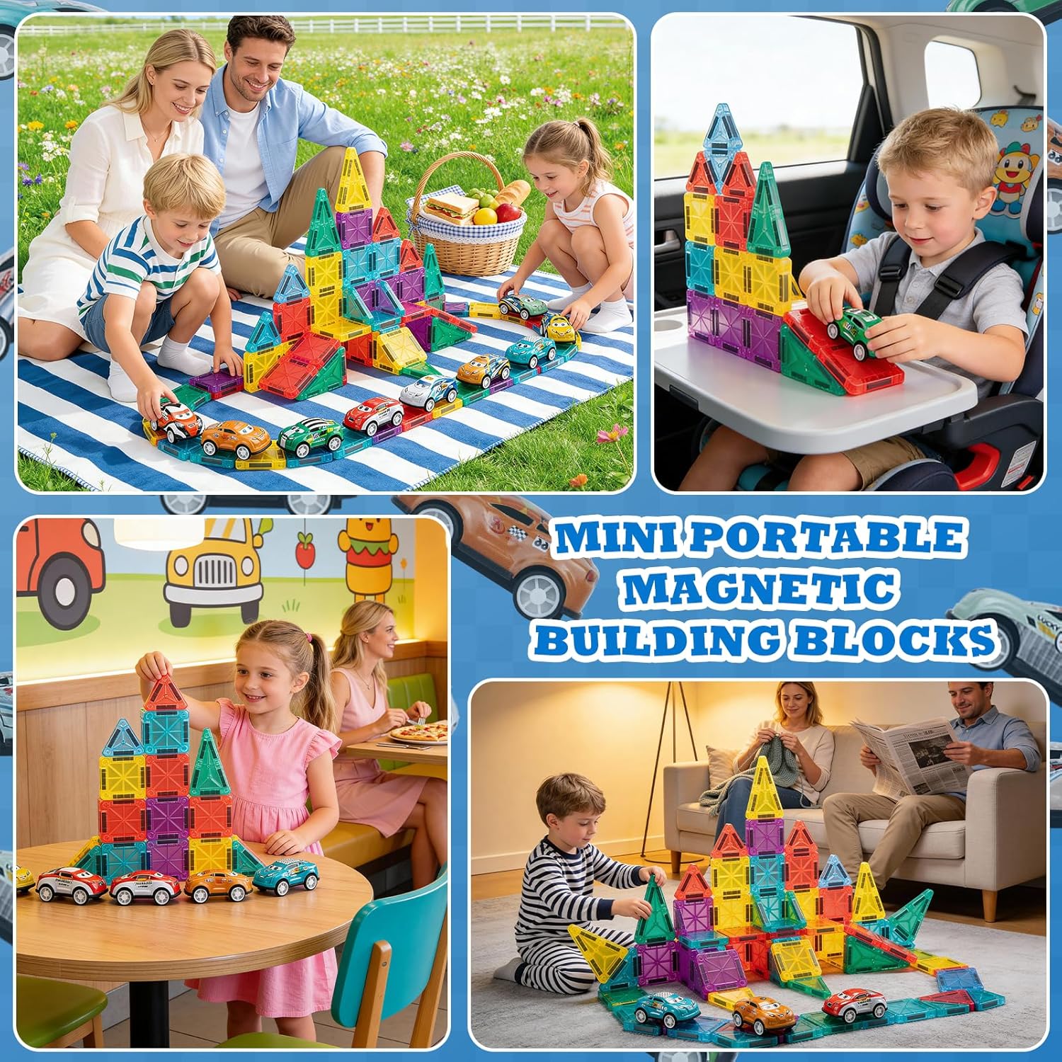 Mini Magnetic Tiles 93PCS Set with 12 Cars and Storage Bag for Kids 3-6