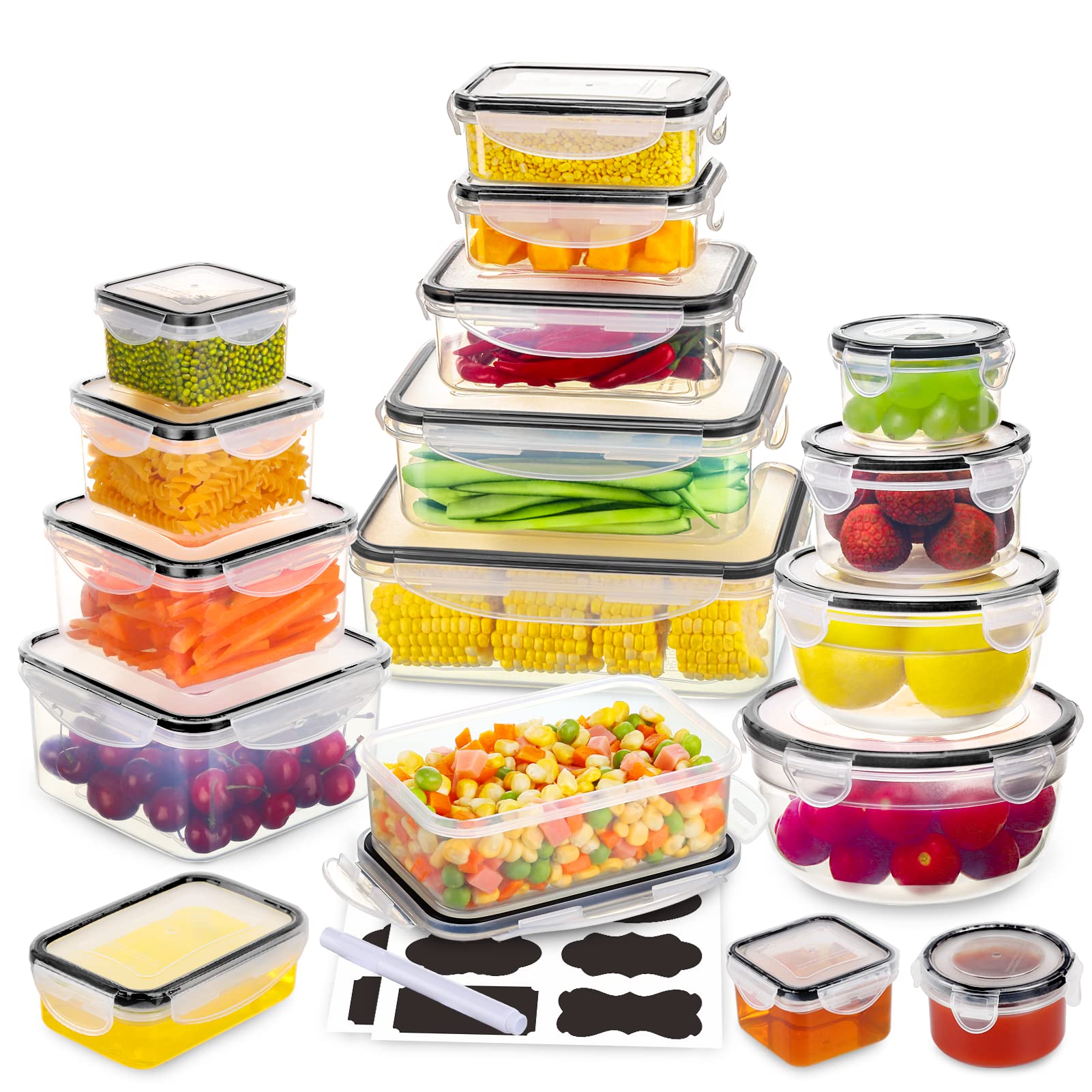JSCARES 40 PCS Food Storage Containers with Lids Airtight (20 Lids &20 Containers) - Leakproof Meal-Prep Containers for Kitchen Storage Reusable Plastic Microwave/Dishwasher Safe with Labels & Pen