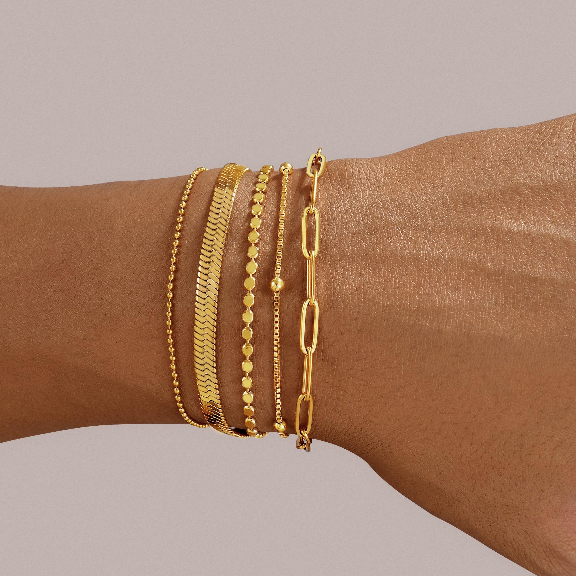 Gold Bracelets for Women, 14K Gold Plated Stackable Bracelet Stack Set Adjustable Charm Paperclip Chain Snake Link Layered Waterproof Jewelry Sets Gifts