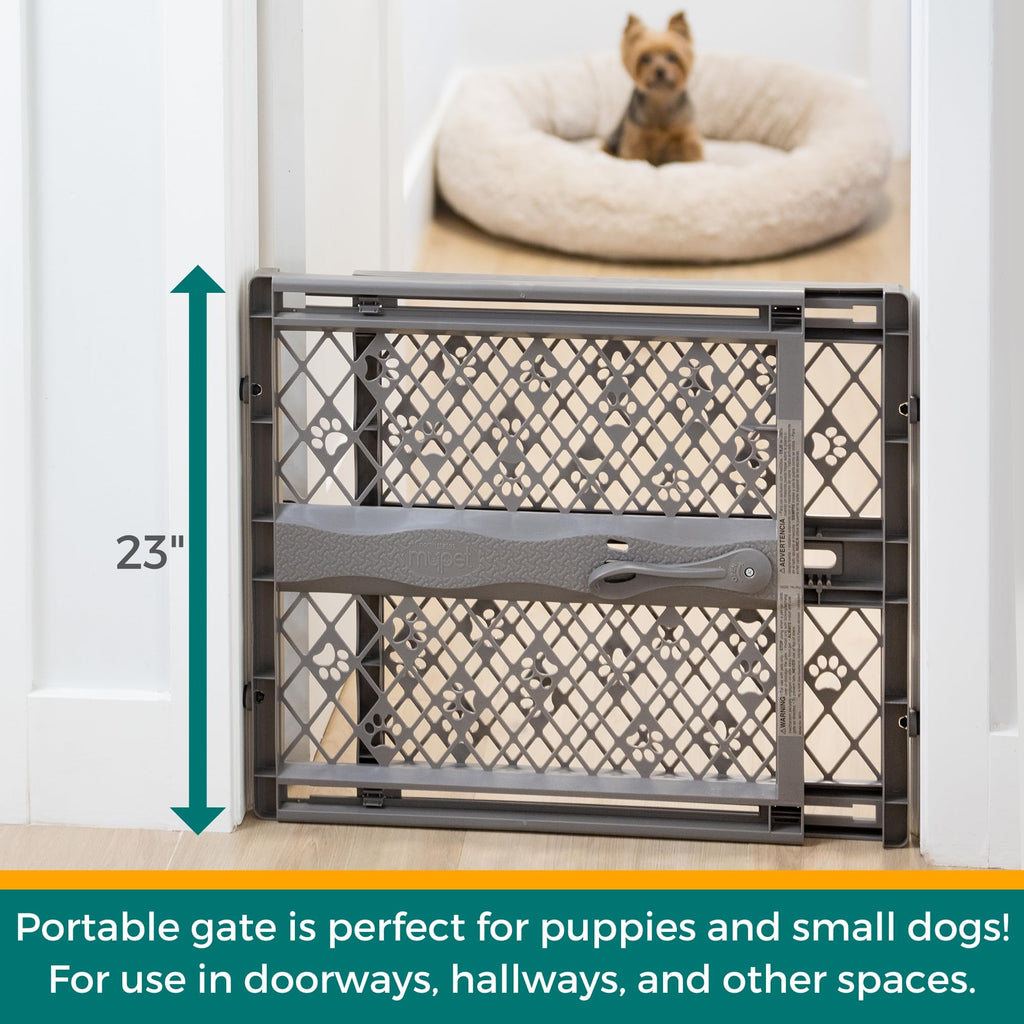MYPET North States Paws Portable Pet Gate: 26-40" Wide. Pressure Mount. No Tools Needed. Made in USA. Dog Gate 23" Tall, Expandable, Durable Dog Gates for Doorways, Light Gray