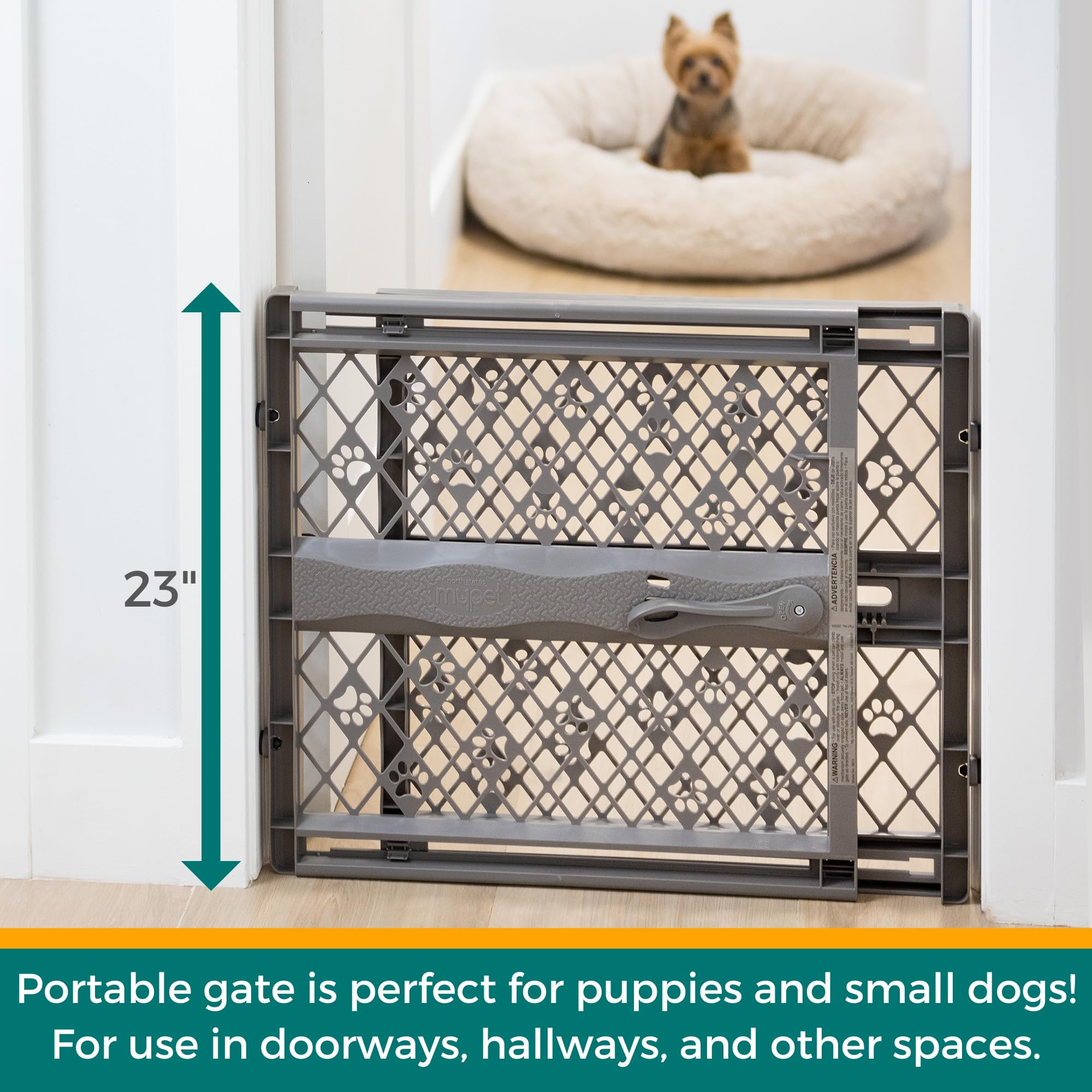 MYPET North States Paws Portable Pet Gate: 26-40" Wide. Pressure Mount. No Tools Needed. Made in USA. Dog Gate 23" Tall, Expandable, Durable Dog Gates for Doorways, Light Gray