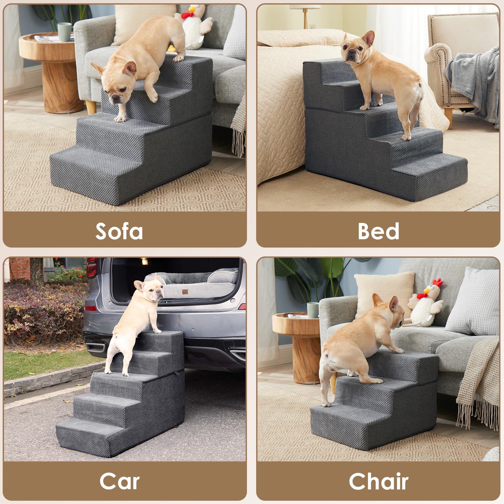 EHEYCIGA Dog Stairs for Bed 18" H, 4-Step Dog Steps for High Bed, Grey