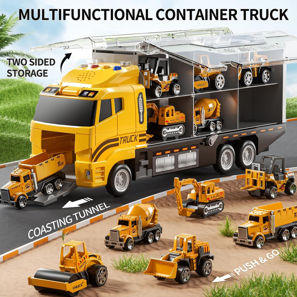 NIPLOOOW Toddler Boys Construction Truck Vehicle Toy Set with Play Mat and Die-Cast Toy Car, Transport Carrier Truck for Kids 3-5, Birthday Gifts Toys for 3-8 Year Old Boys