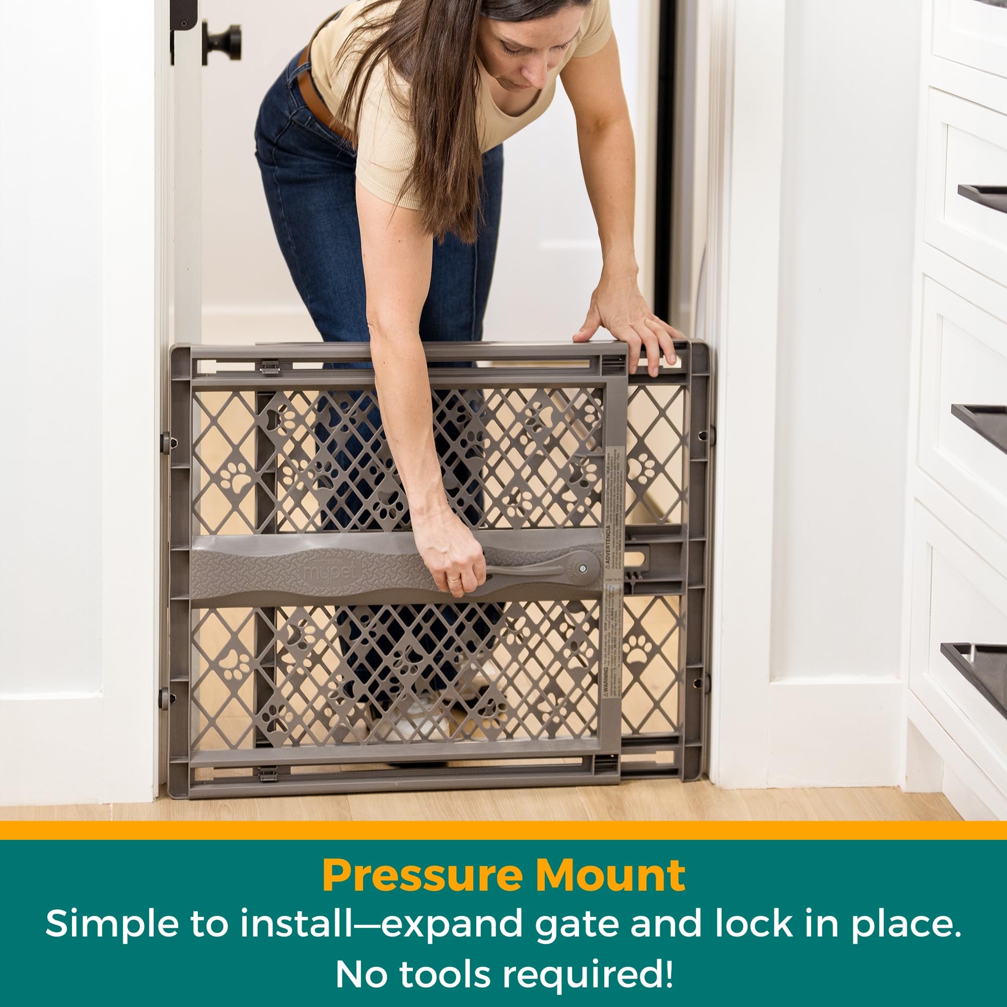 MYPET North States Paws Portable Pet Gate: 26-40" Wide. Pressure Mount. No Tools Needed. Made in USA. Dog Gate 23" Tall, Expandable, Durable Dog Gates for Doorways, Light Gray