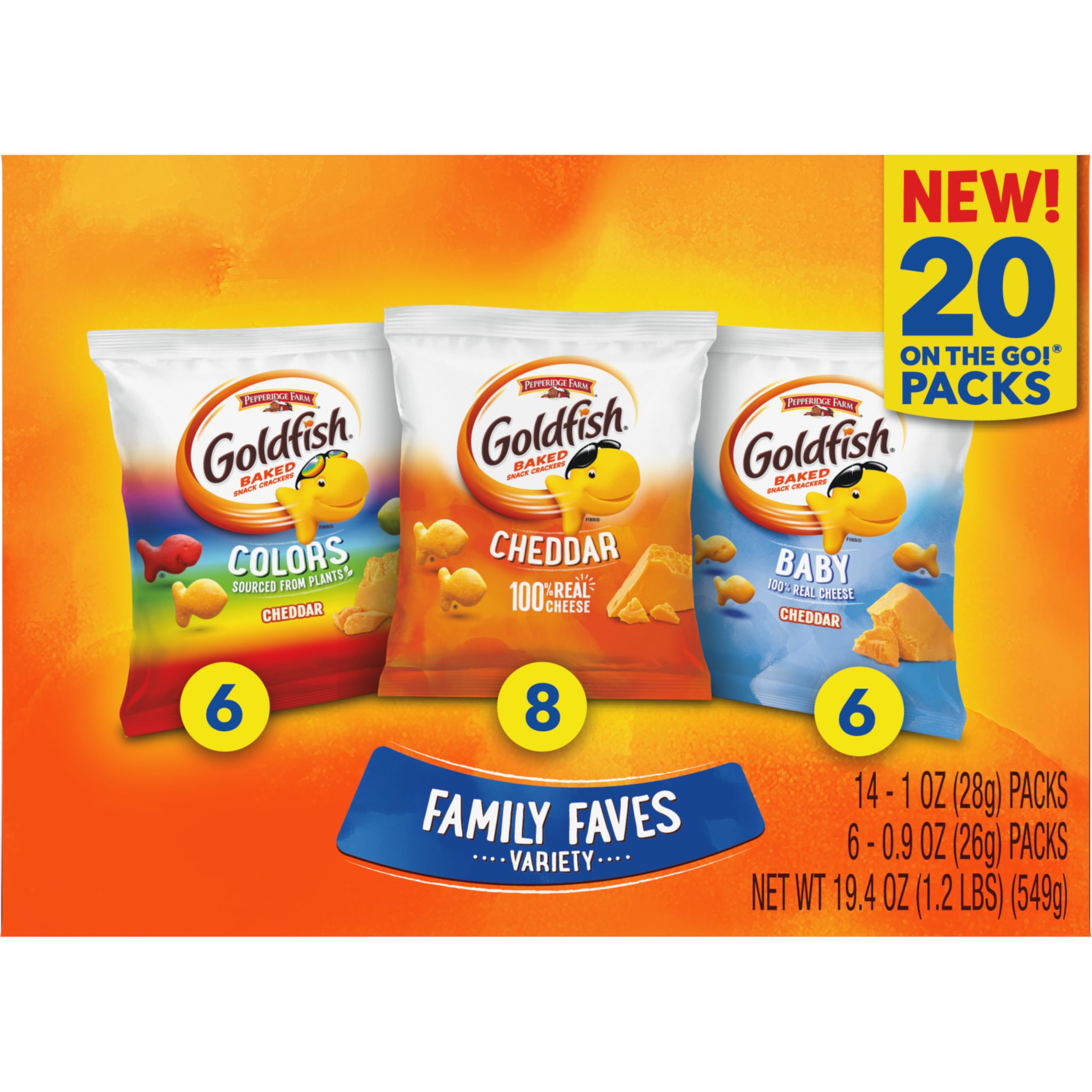 Goldfish Crackers Big Smiles Variety Pack with Cheddar, Colors, and Pretzels, Snack Packs, 30 Ct