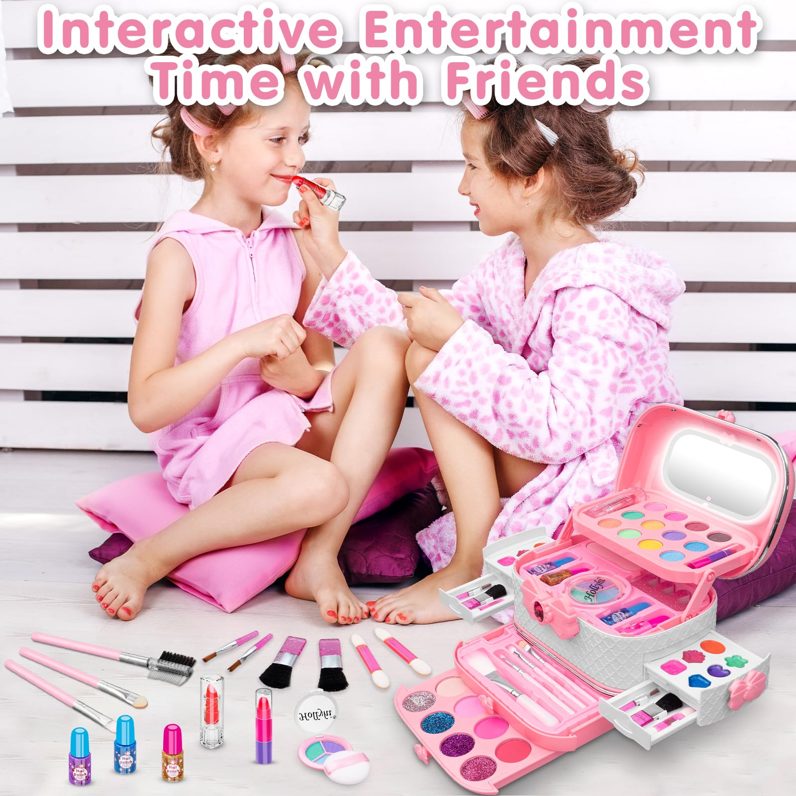 Hollyhi 58 Pcs Kids Makeup Toys Kit for Girls, Real Washable Make Up Set