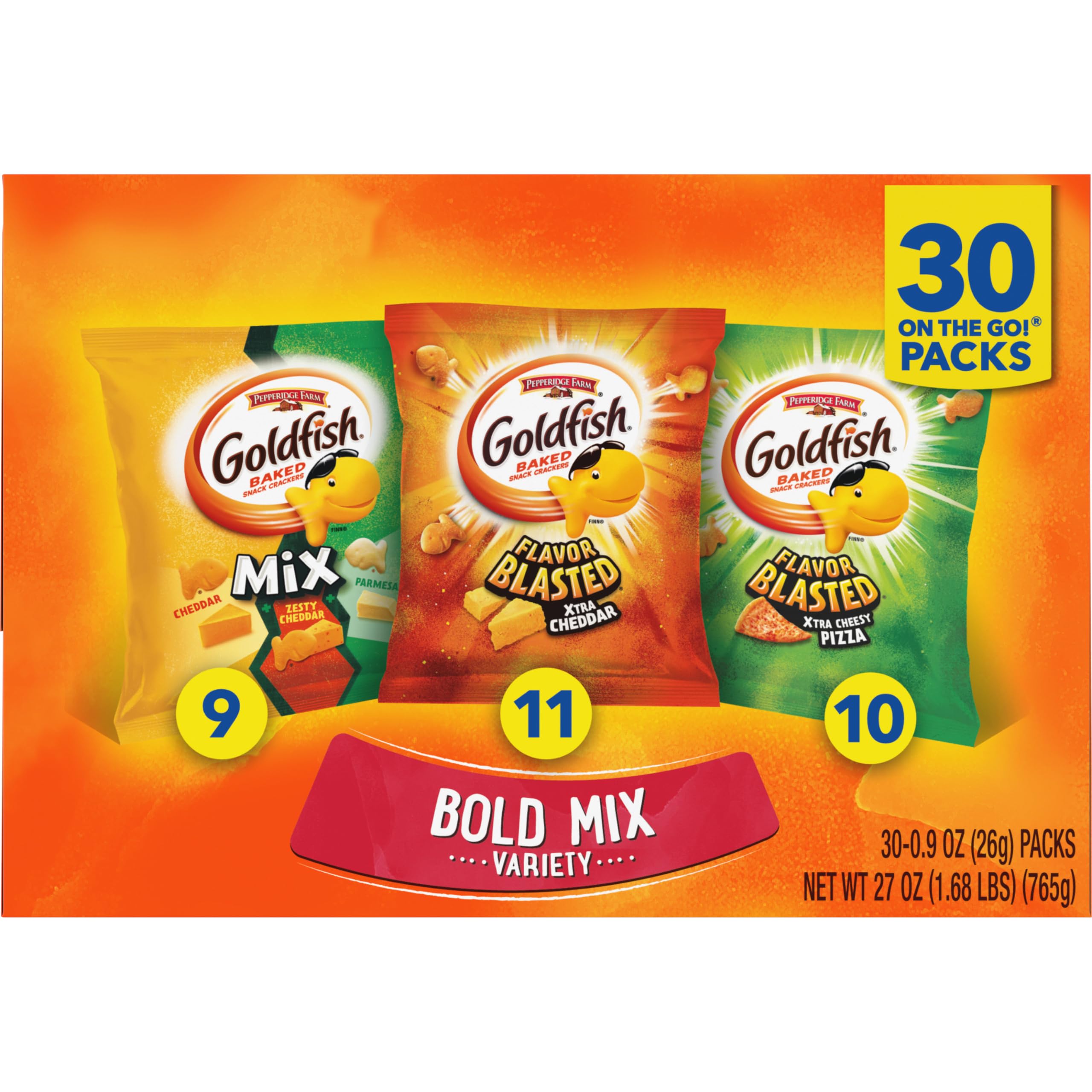 Goldfish Crackers Big Smiles Variety Pack with Cheddar, Colors, and Pretzels, Snack Packs, 30 Ct
