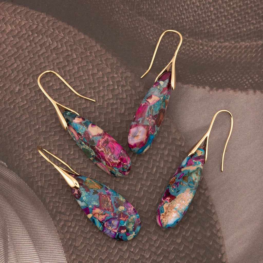 Sriomu Natural Healing Stone Fishhoop Dangle Drop Earrings Statement Gold silver earrings