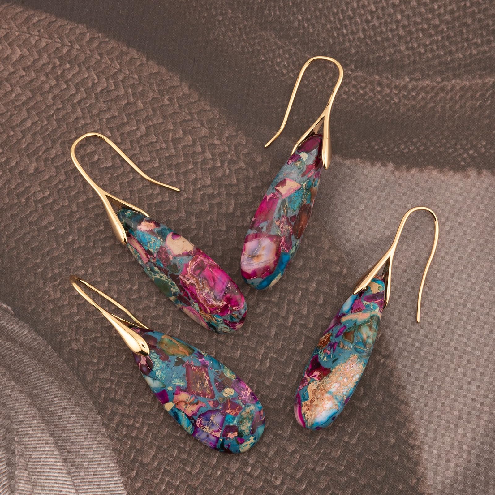 Sriomu Natural Healing Stone Fishhoop Dangle Drop Earrings Statement Gold silver earrings