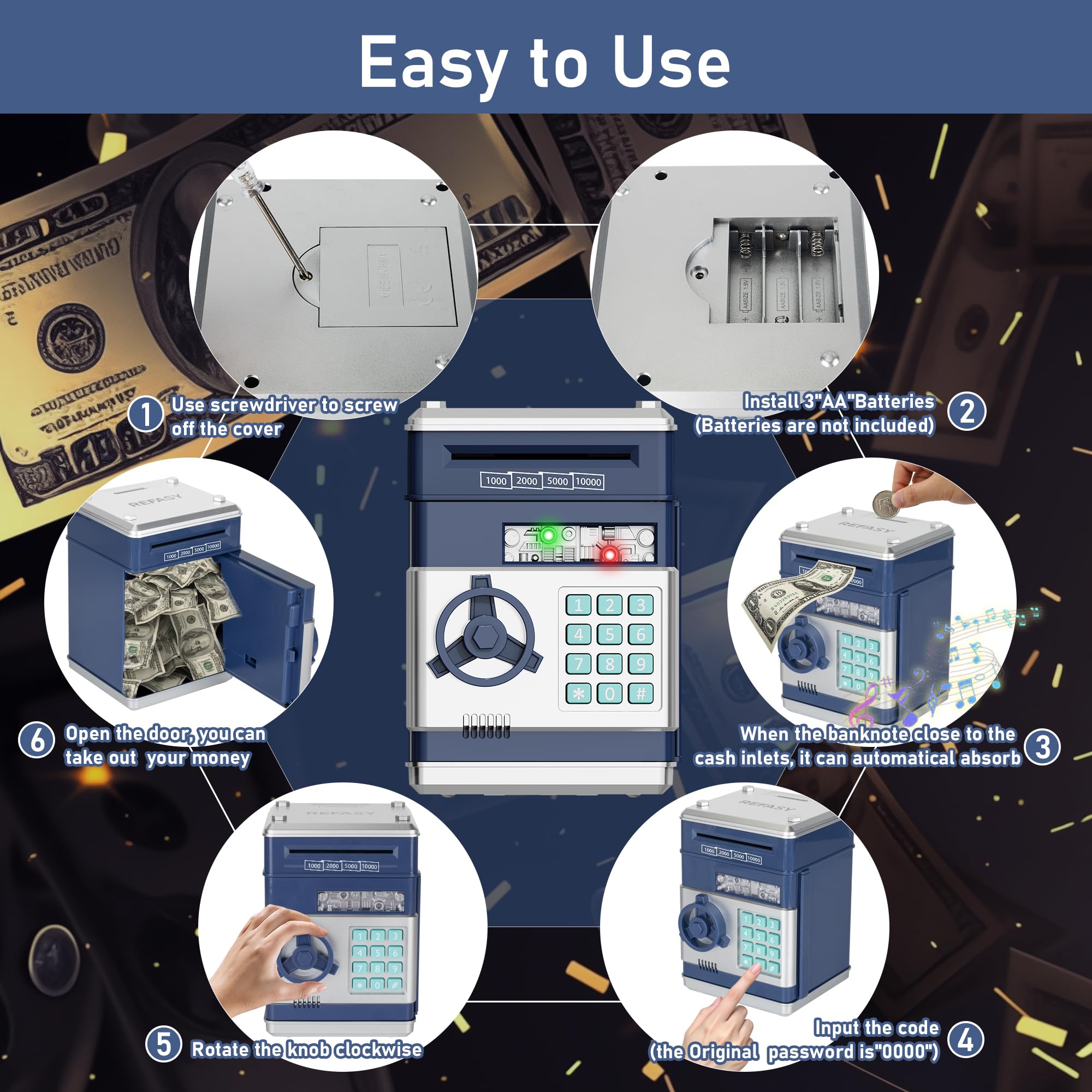 Refasy Piggy Bank Cash Coin Can ATM Bank Electronic Coin Money Bank for Kids Age 3-12, Money Savings Box Mini ATM Coin Bank Toys Gifts for 3 4 5 6 7 8 9 10 11 12 Year Old Boys Girls