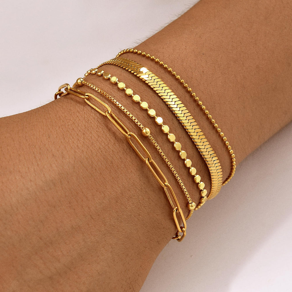 Gold Bracelets for Women, 14K Gold Plated Stackable Bracelet Stack Set Adjustable Charm Paperclip Chain Snake Link Layered Waterproof Jewelry Sets Gifts