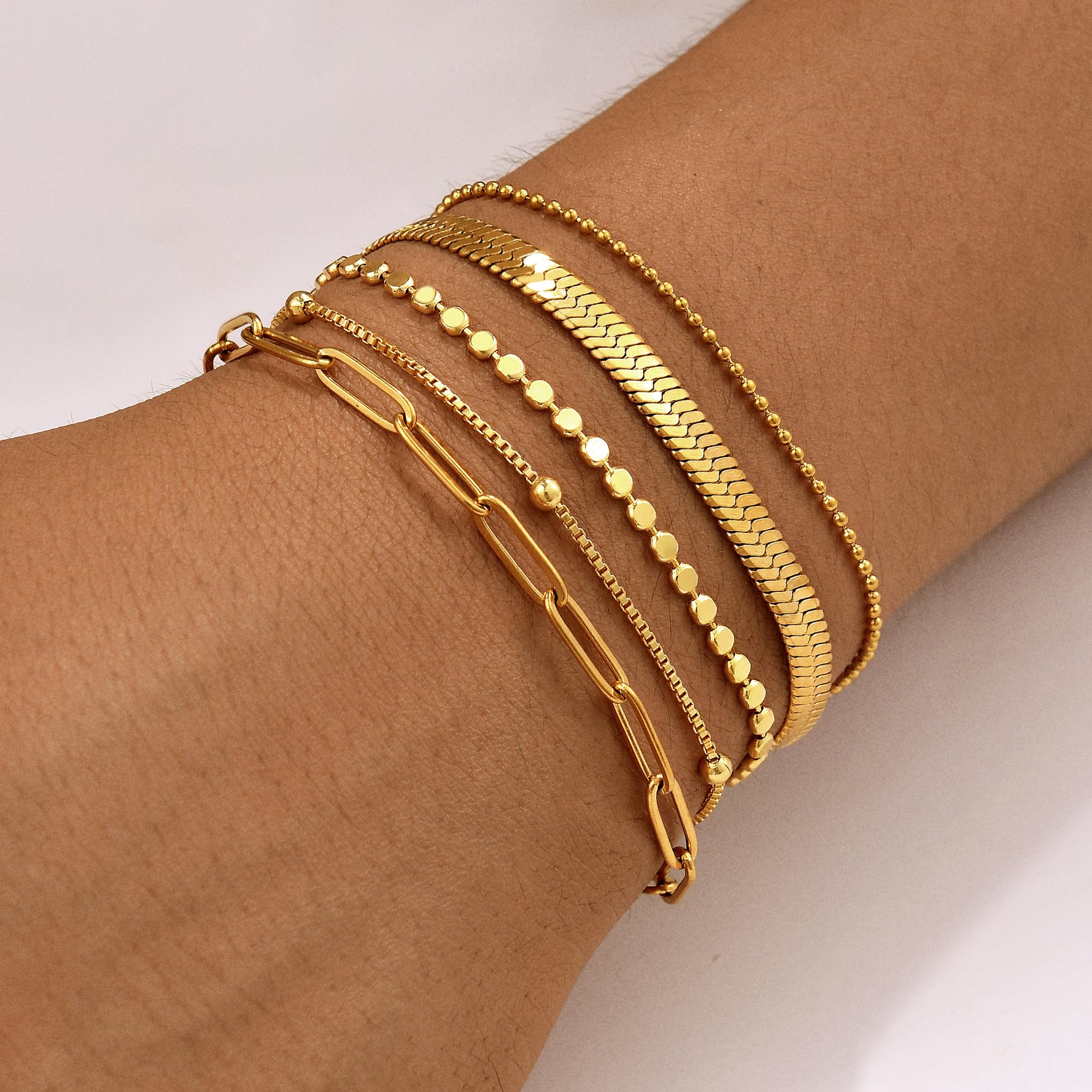 Gold Bracelets for Women, 14K Gold Plated Stackable Bracelet Stack Set Adjustable Charm Paperclip Chain Snake Link Layered Waterproof Jewelry Sets Gifts