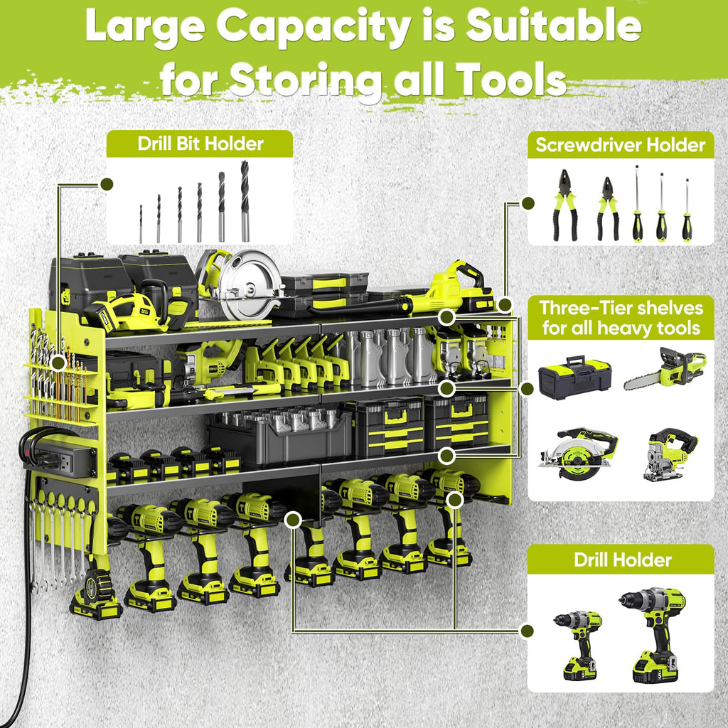 POKIPO Large Power Tool Organizer Wall Mount with Charging Station,4 Layer Heavy Duty Metal Tool Storage Rack Loads 600lbs with 8 Cordless Drill Holder,Battery Utility Rack Loads with 4 Power Strip