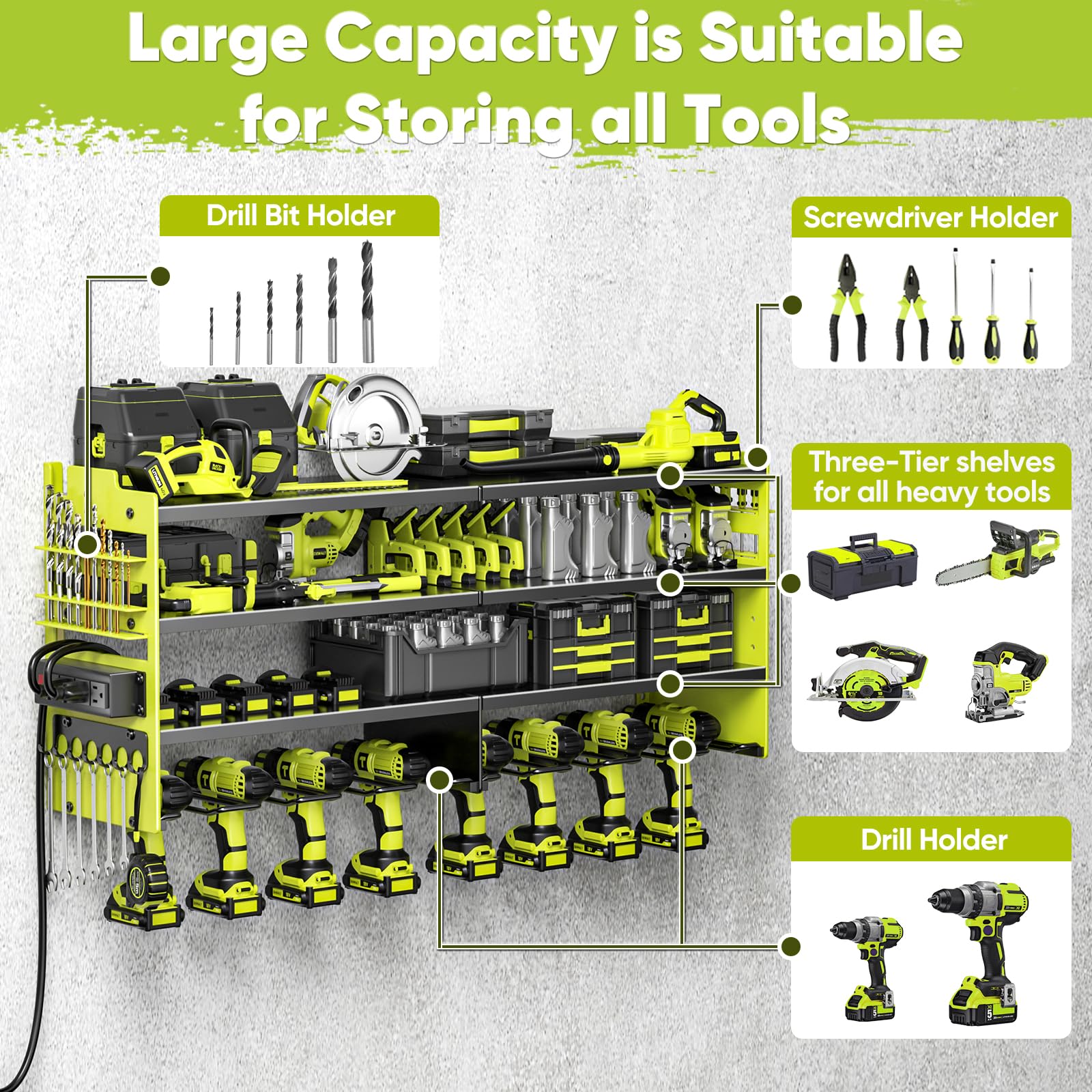 POKIPO Large Power Tool Organizer Wall Mount with Charging Station,4 Layer Heavy Duty Metal Tool Storage Rack Loads 600lbs with 8 Cordless Drill Holder,Battery Utility Rack Loads with 4 Power Strip