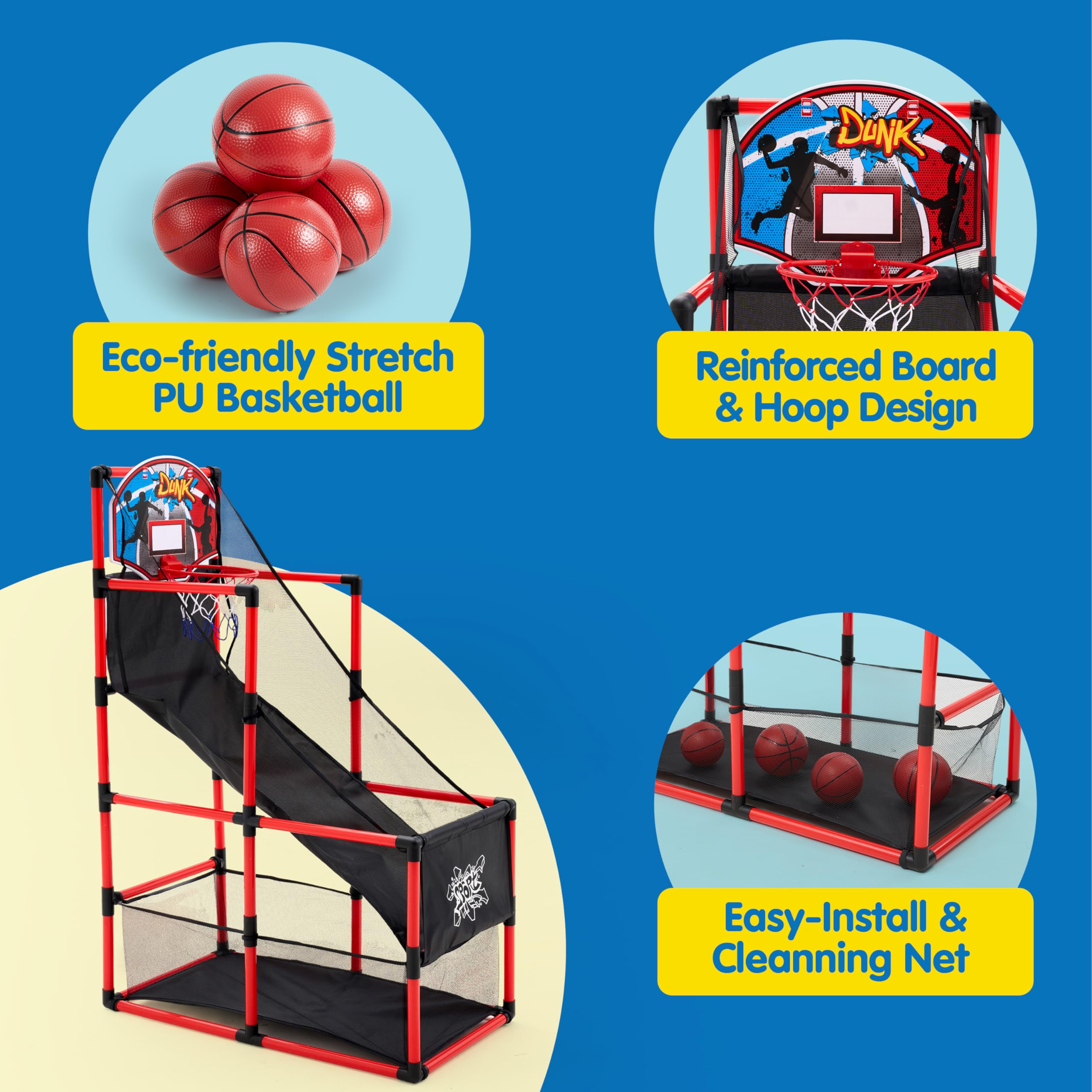 JOYIN Arcade Basketball Game Set with 4 Balls and Hoop for Kids 3+ Years Old Indoor Outdoor Sport Play - Easy Set Up - Air Pump Included - Ideal for Competition