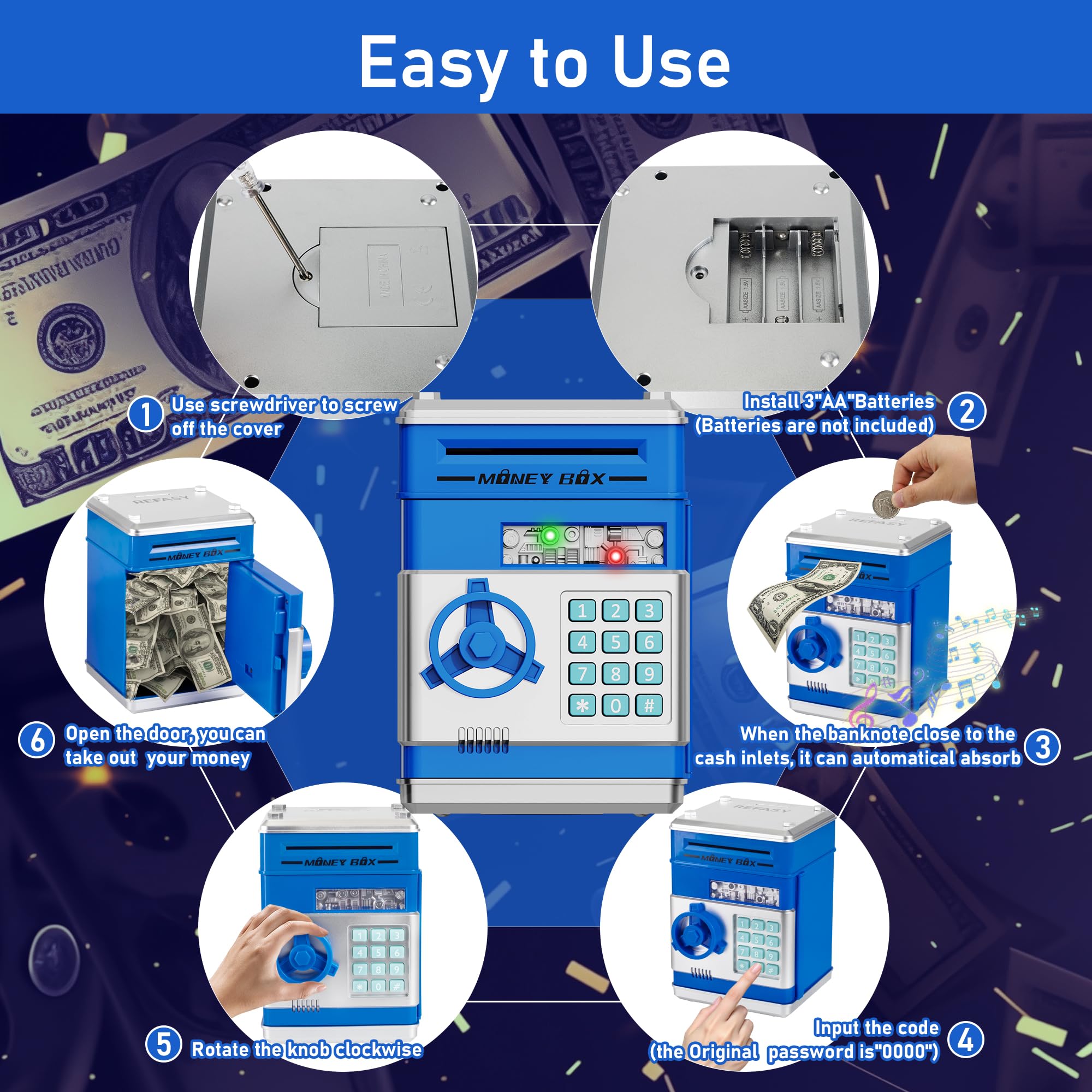 Refasy Piggy Bank Cash Coin Can ATM Bank Electronic Coin Money Bank for Kids Age 3-12, Money Savings Box Mini ATM Coin Bank Toys Gifts for 3 4 5 6 7 8 9 10 11 12 Year Old Boys Girls