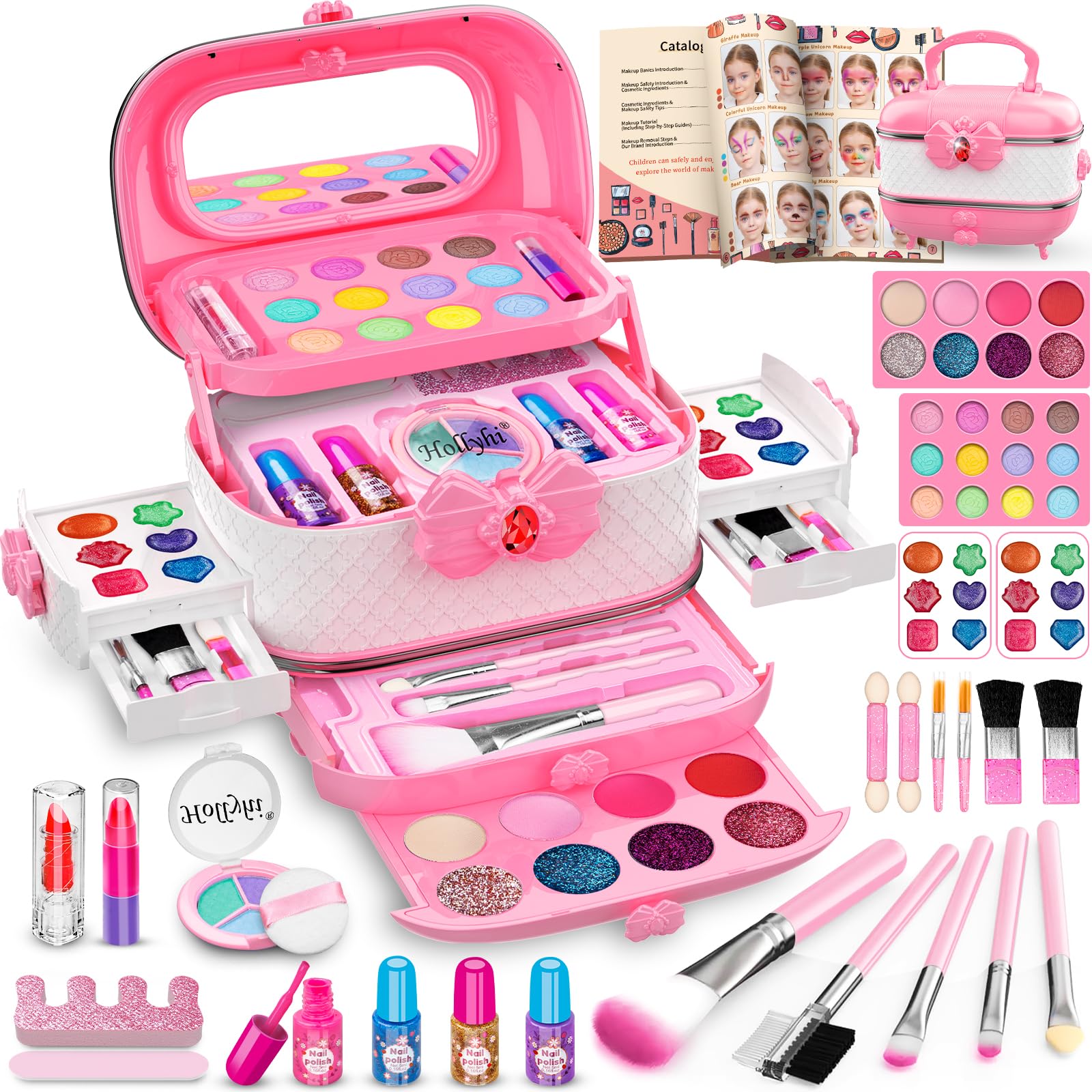 Hollyhi 58 Pcs Kids Makeup Toys Kit for Girls, Real Washable Make Up Set