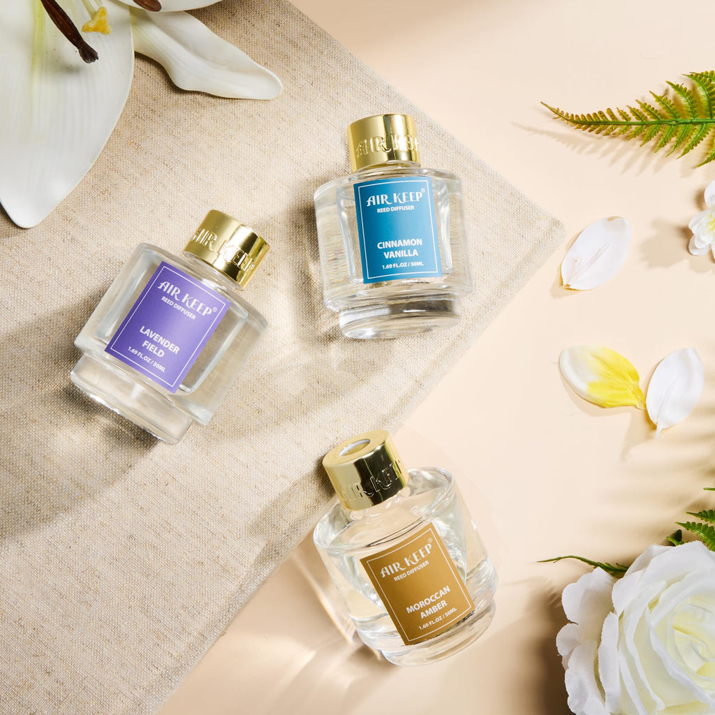Airkeep Reed Diffuser Set of 3,Clean Linen Ocean Mist&Sea Salt Lavender Eucalyptus Oil Reed Diffusers for Bedroom Living Room Office Aromatherapy Oil Reed Diffuser for Gift 50ml x 3