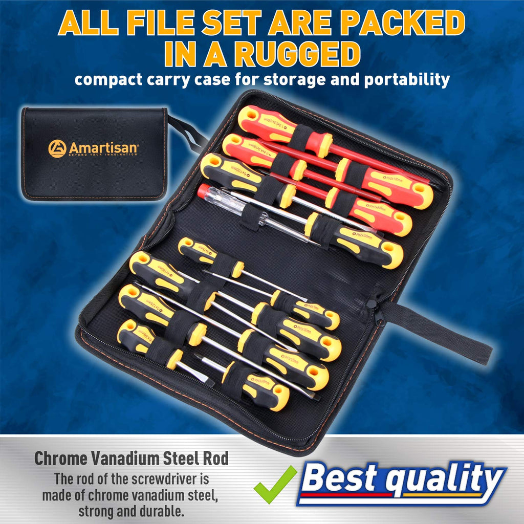 Amartisan 10-Piece Magnetic Screwdrivers Set, 5 Phillips and 5 Slotted Tips Professional Cushion Grip Screwdriver Set 2pcs Portable Multifunction Key Mini Screwdriver (Yellow)