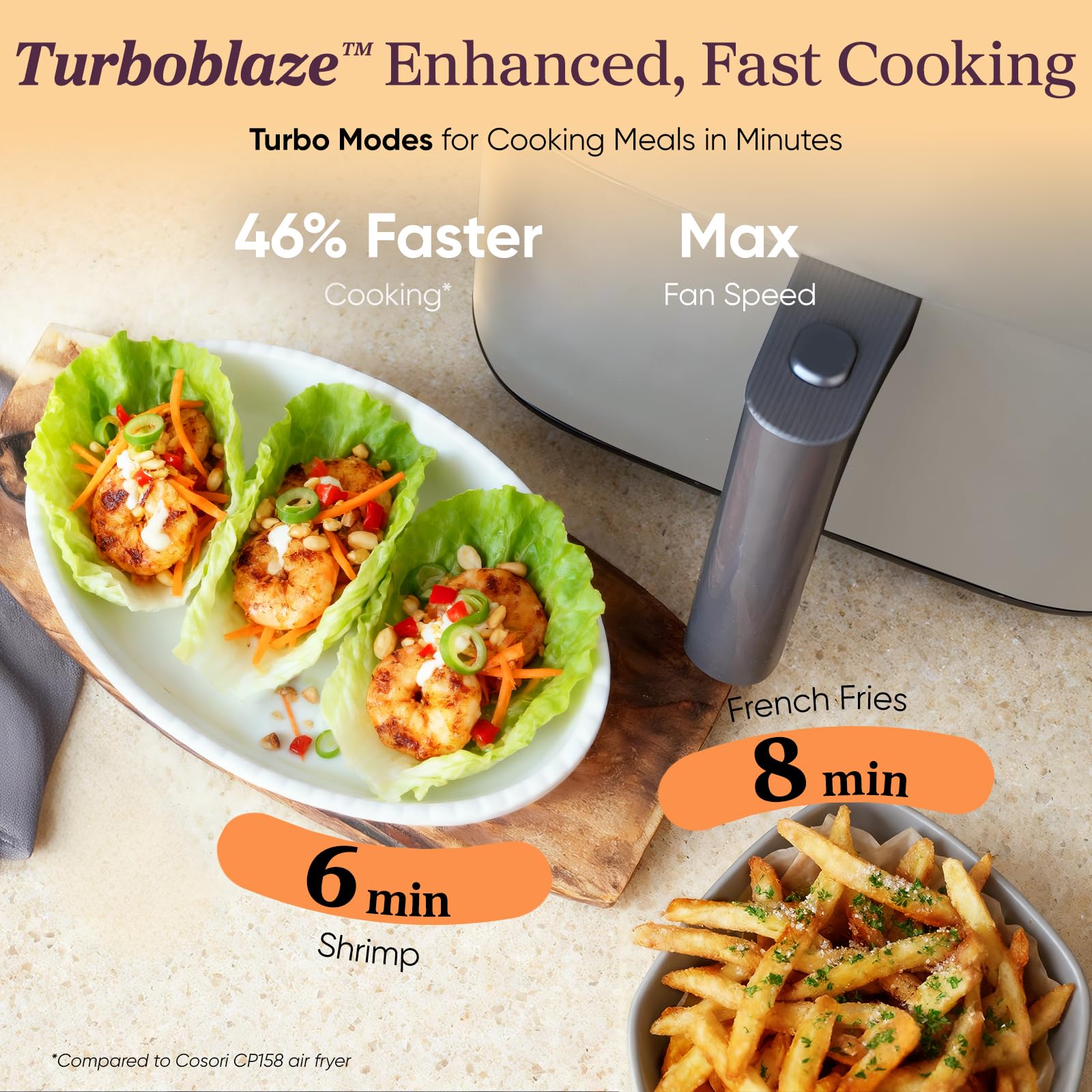 Cosori TurboBlaze Smart Air Fryer 6 Qt, Shake Reminders, 9-in-1, Cream