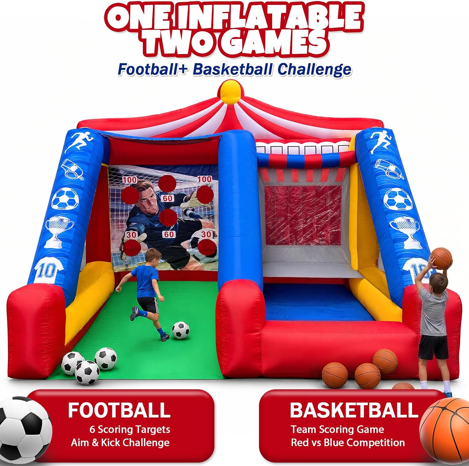2-in-1 Inflatable Soccer & Basketball Hoop Game with 550W Blower