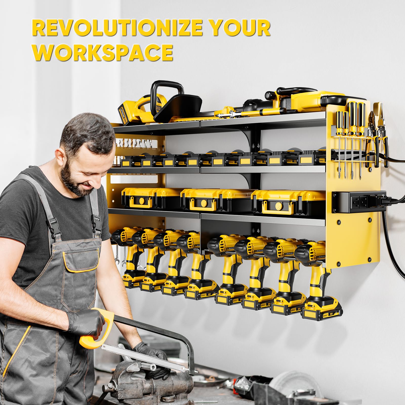 POKIPO Large Power Tool Organizer Wall Mount with Charging Station,4 Layer Heavy Duty Metal Tool Storage Rack Loads 600lbs with 8 Cordless Drill Holder,Battery Utility Rack Loads with 4 Power Strip