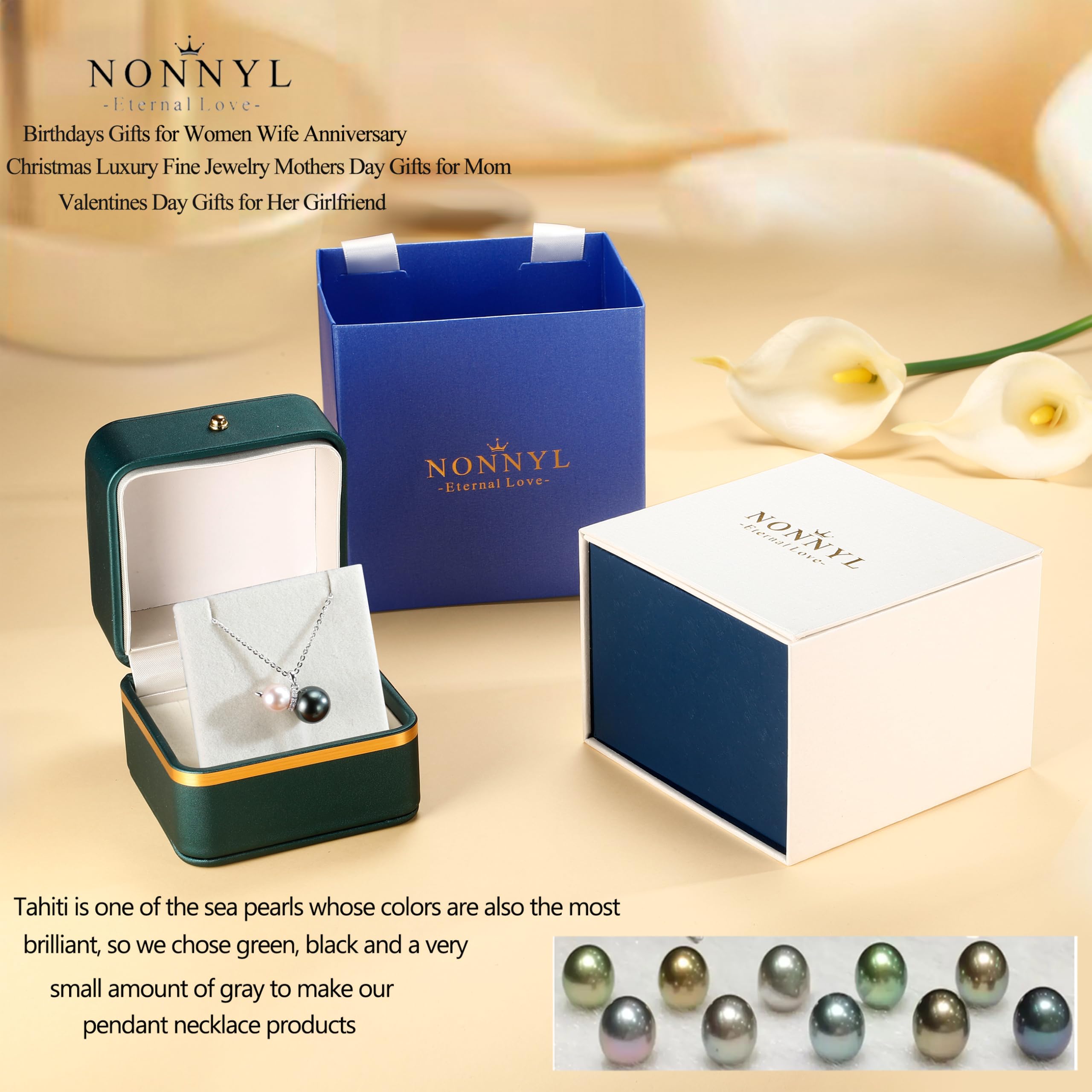 NONNYL Mothers Day Gifts For Wife Women Wedding Anniversary - Real Tahitian-Pearl-Necklace, Birthday Valentines Gifts For Wife Her Mom Christmas - Companion Necklace For Women Luxury Fine Jewelry