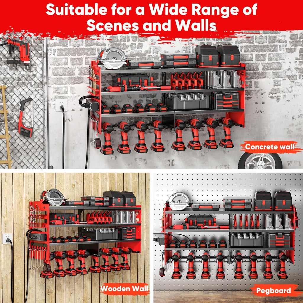 POKIPO Large Power Tool Organizer Wall Mount with Charging Station,4 Layer Heavy Duty Metal Tool Storage Rack Loads 600lbs with 8 Cordless Drill Holder,Battery Utility Rack Loads with 4 Power Strip